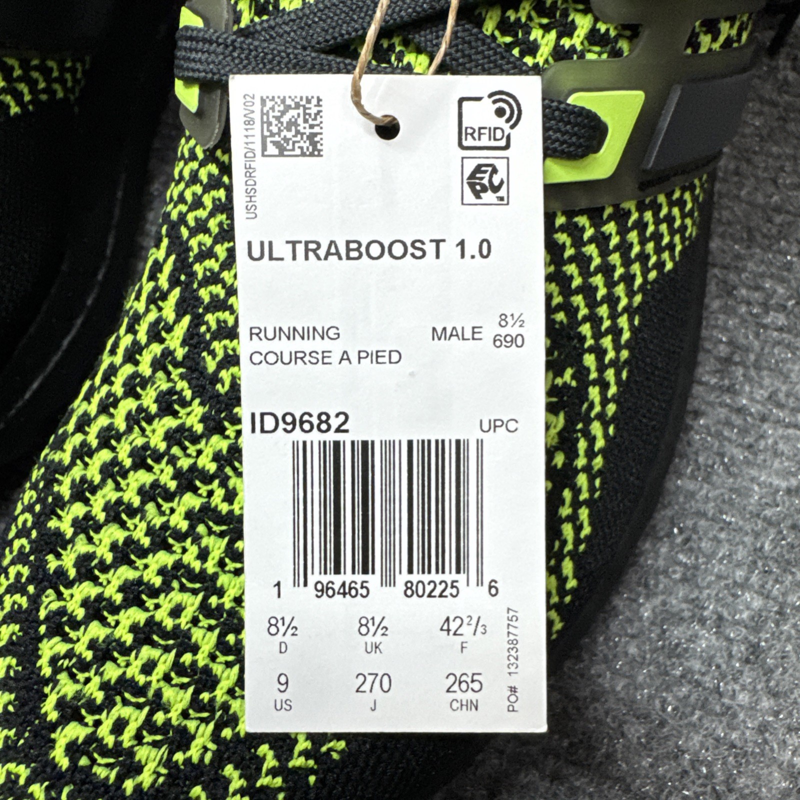 Size 9- adidas UltraBoost 1.0 Black Lucid Lemon Glow In The Dark Heal