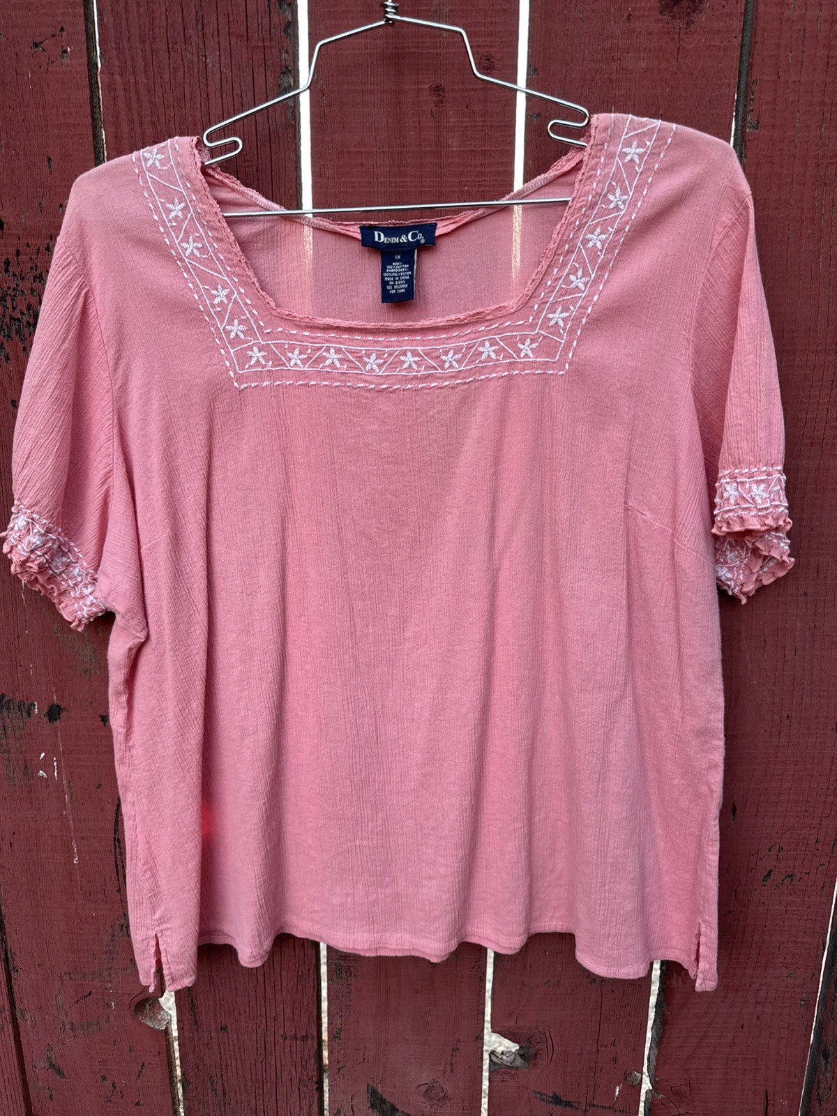 Denim & Co Pink Peasant Top Plus Size 1X Boho Hippie Summer Fairy 100% Cotton