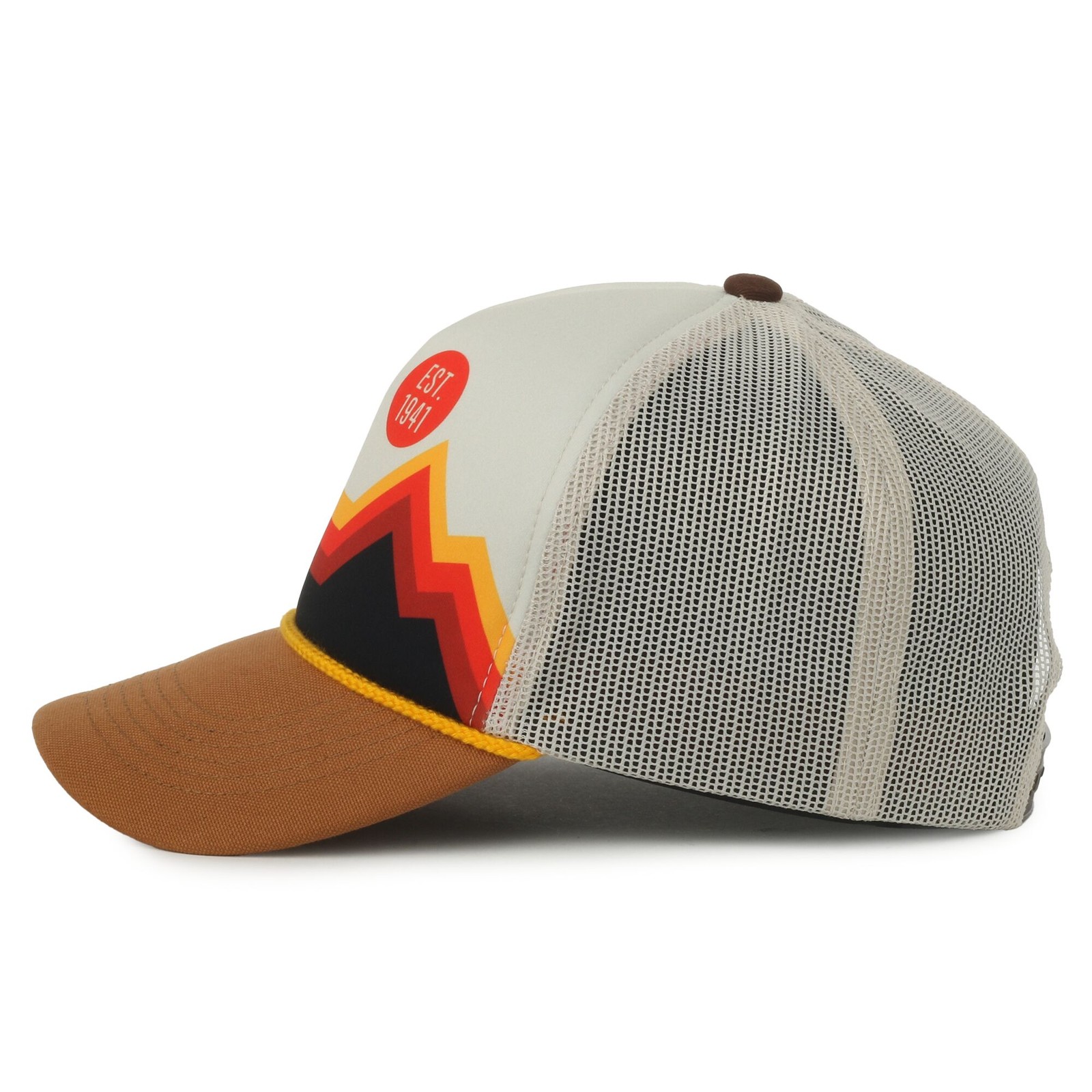 Jeep Retro White Mountain Graphic Trucker Hat Putty Pre-Curved Visor, Mesh Back