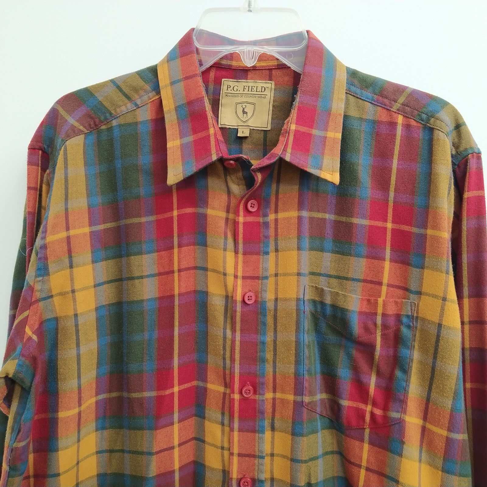 P.G. Field Mens Button Up Shirt Size Large Red Plaid Colorfull Long Sleeve