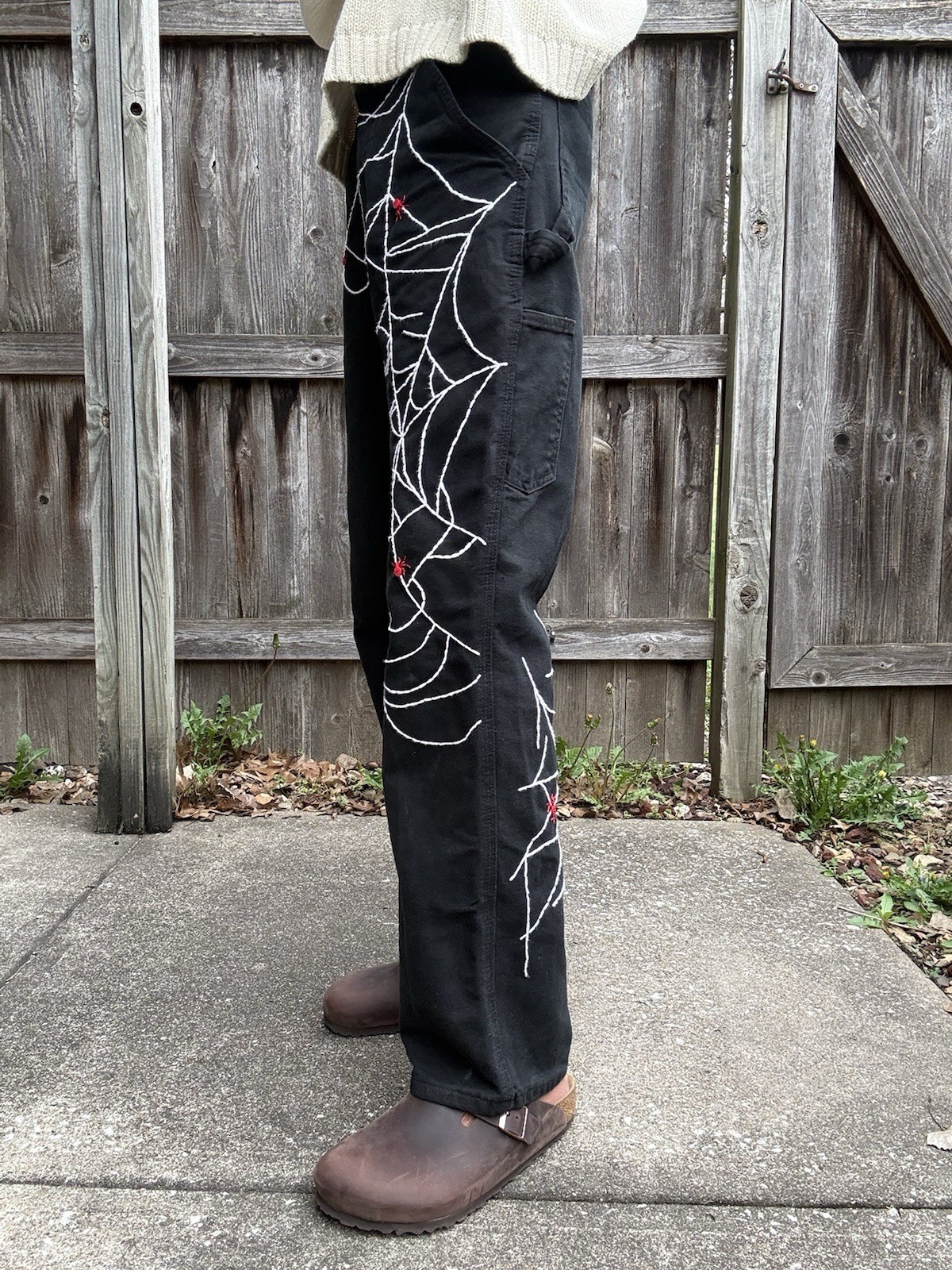Custom Rework Carhartt Faded Black Jeans – Embroidered Spider Web Size 28×32