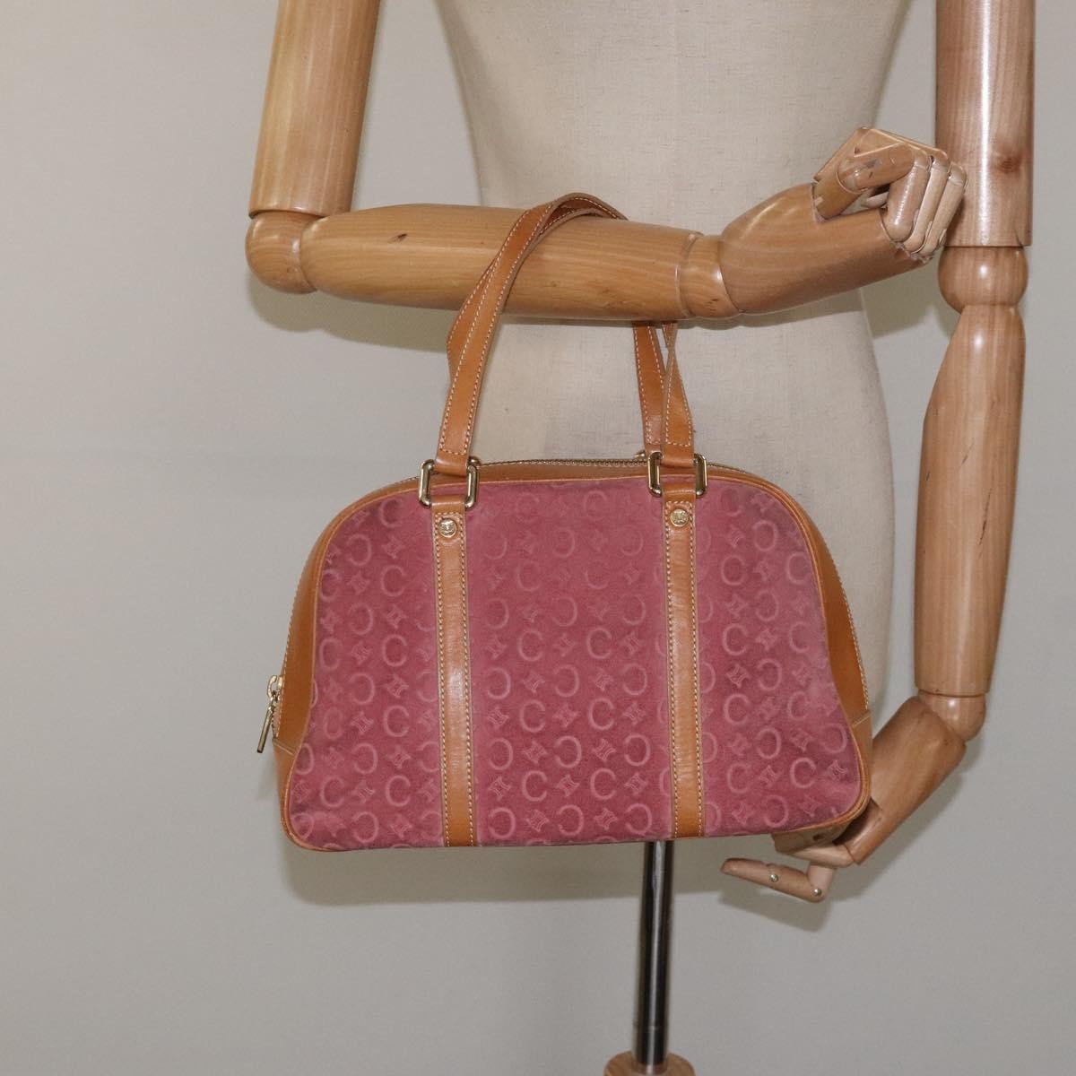 CELINE C Macadam Canvas Hand Bag Suede Pink Gold Auth BA1225