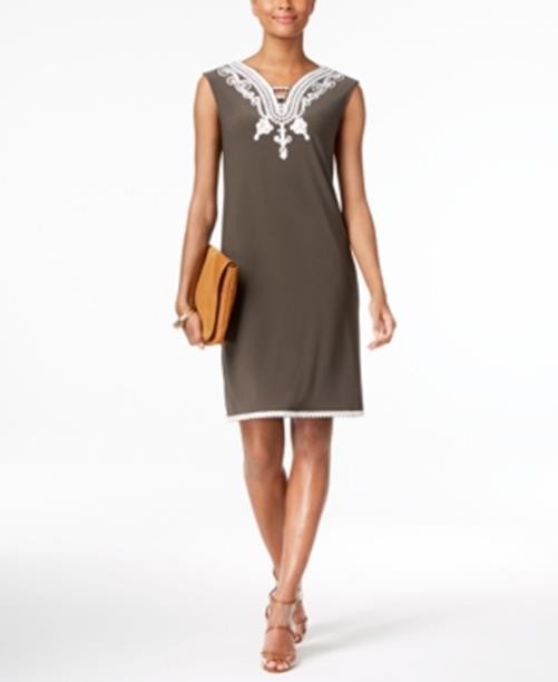 ALFANI Petite Graphic Soutache Trim V-Neck Sleeveless Shift Dress, PXS Olive