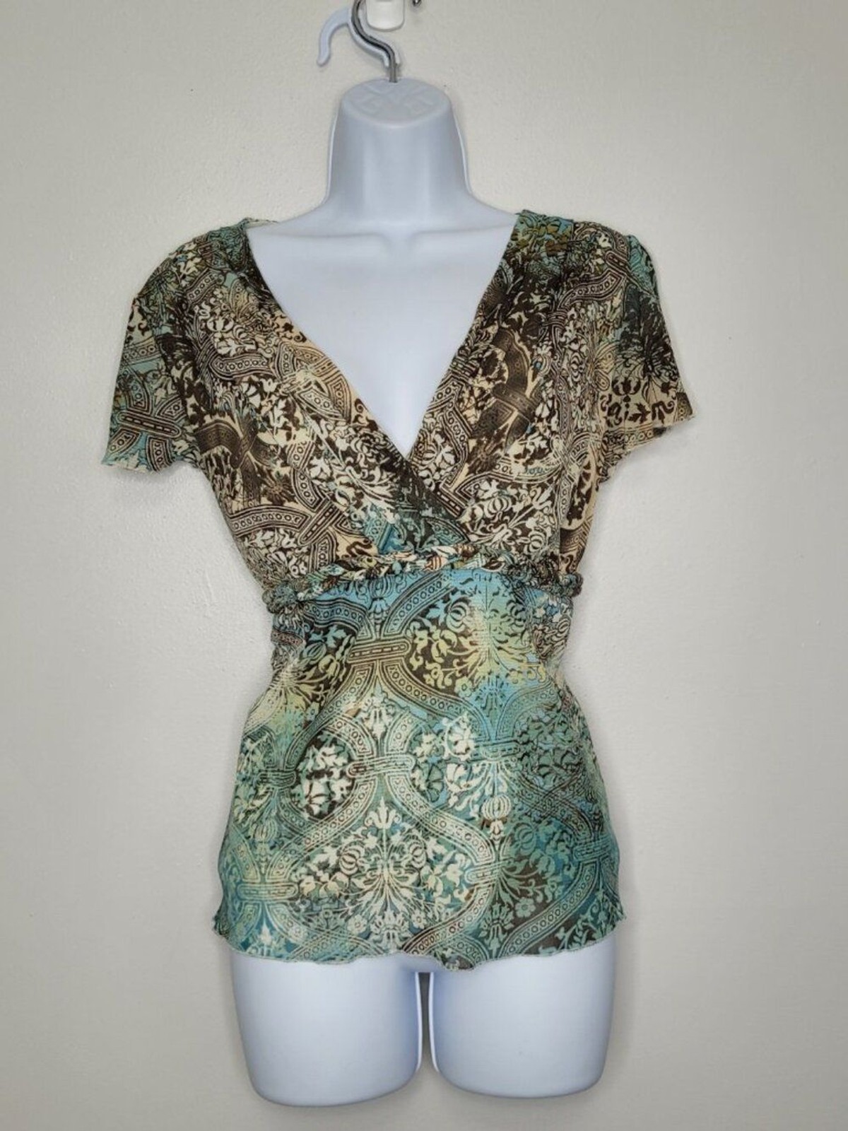 Axcess brown teal blue grunge fairy dark boho short sleeve witchy top large