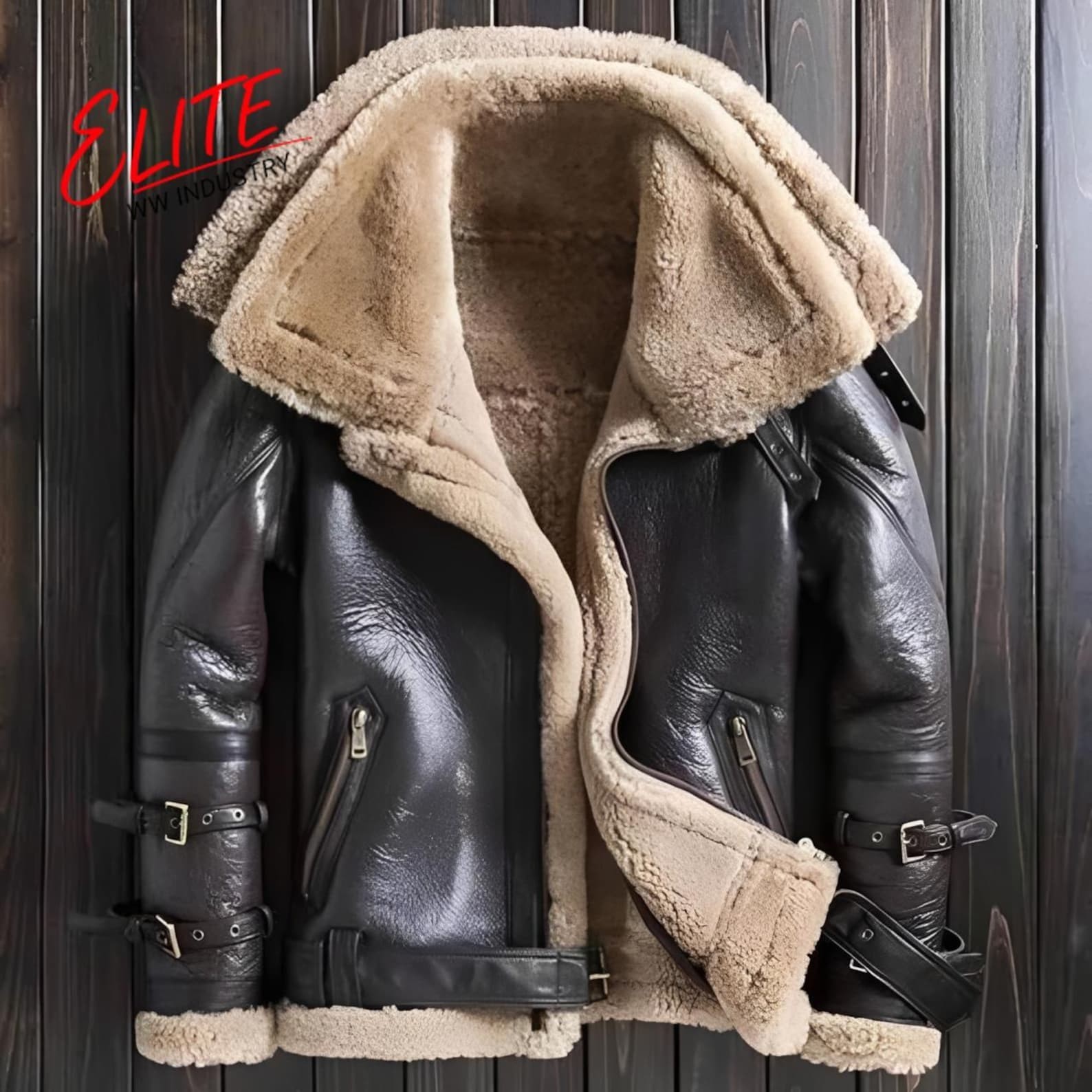 Men RAF Aviator B3 Bomber Jacket – Real Sheepskin Double Collar Flying Jacket