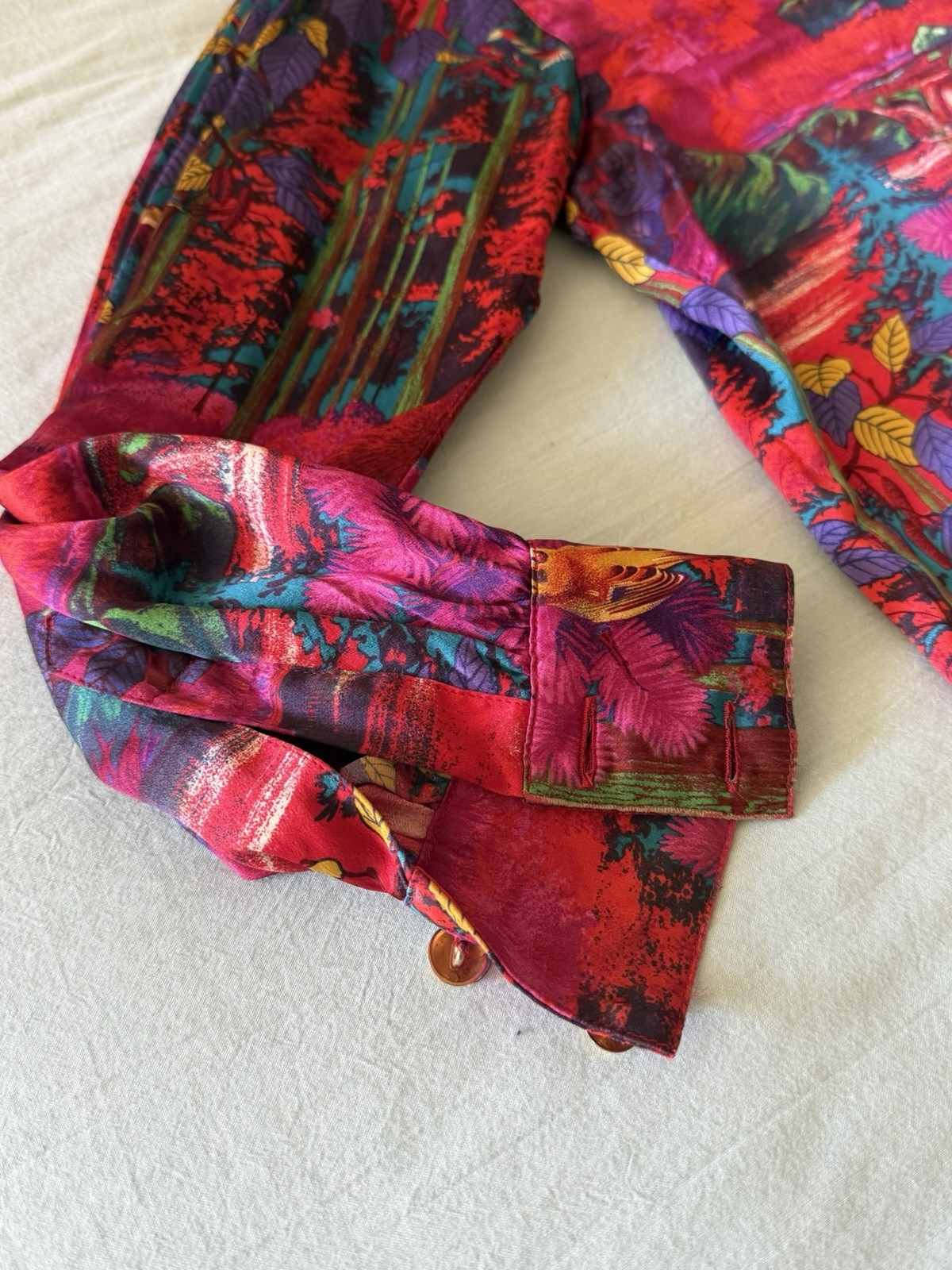 Vintage Escada Silk Blouse Button Up Neon Animal Forest Print Maximalism 36 S/M