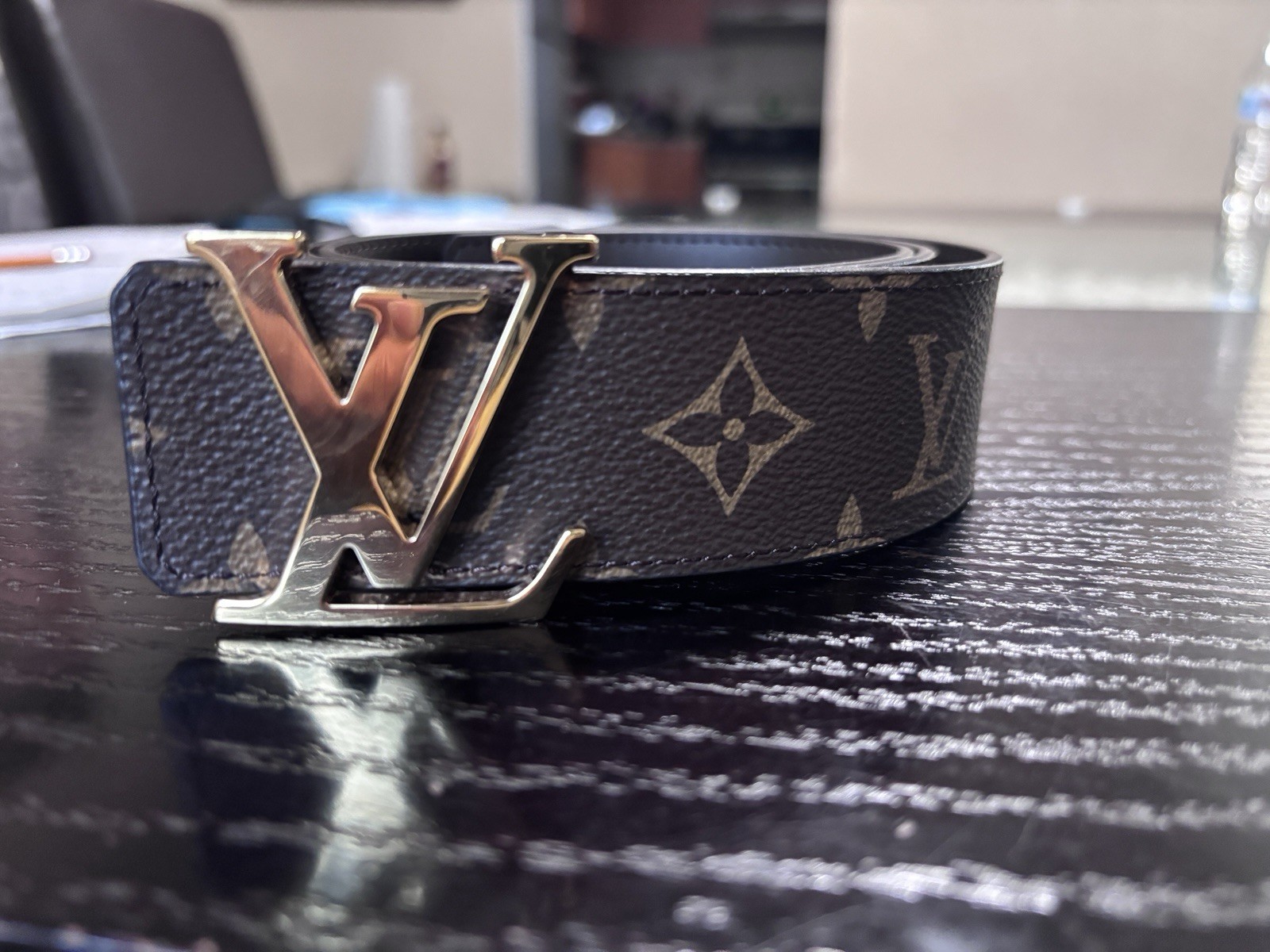 Authentic Louis Vuitton LV Initiales Monogram Canvas Belt Gold Buckle 28-30