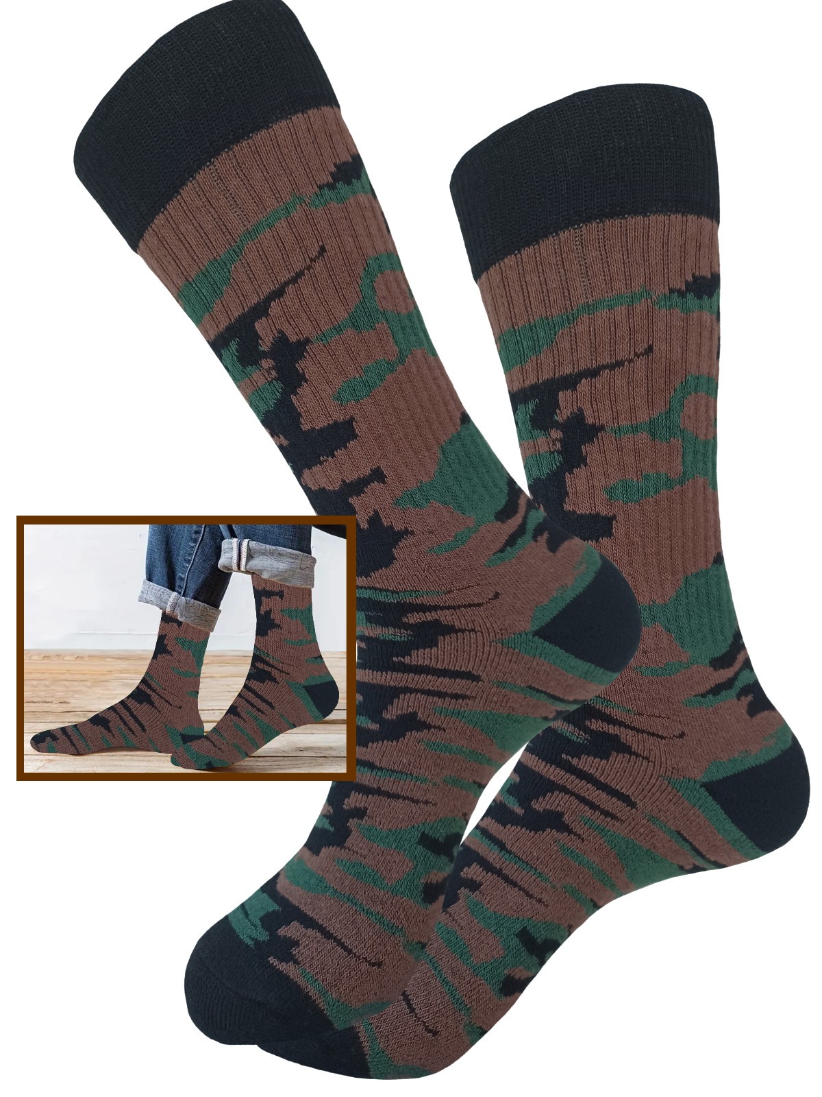 6-1 Pair COTTON CAMOUFLAGE CREW ARMY SOCKS SIZE 10-13 TRUE TO SIZE HIKING SOCKS