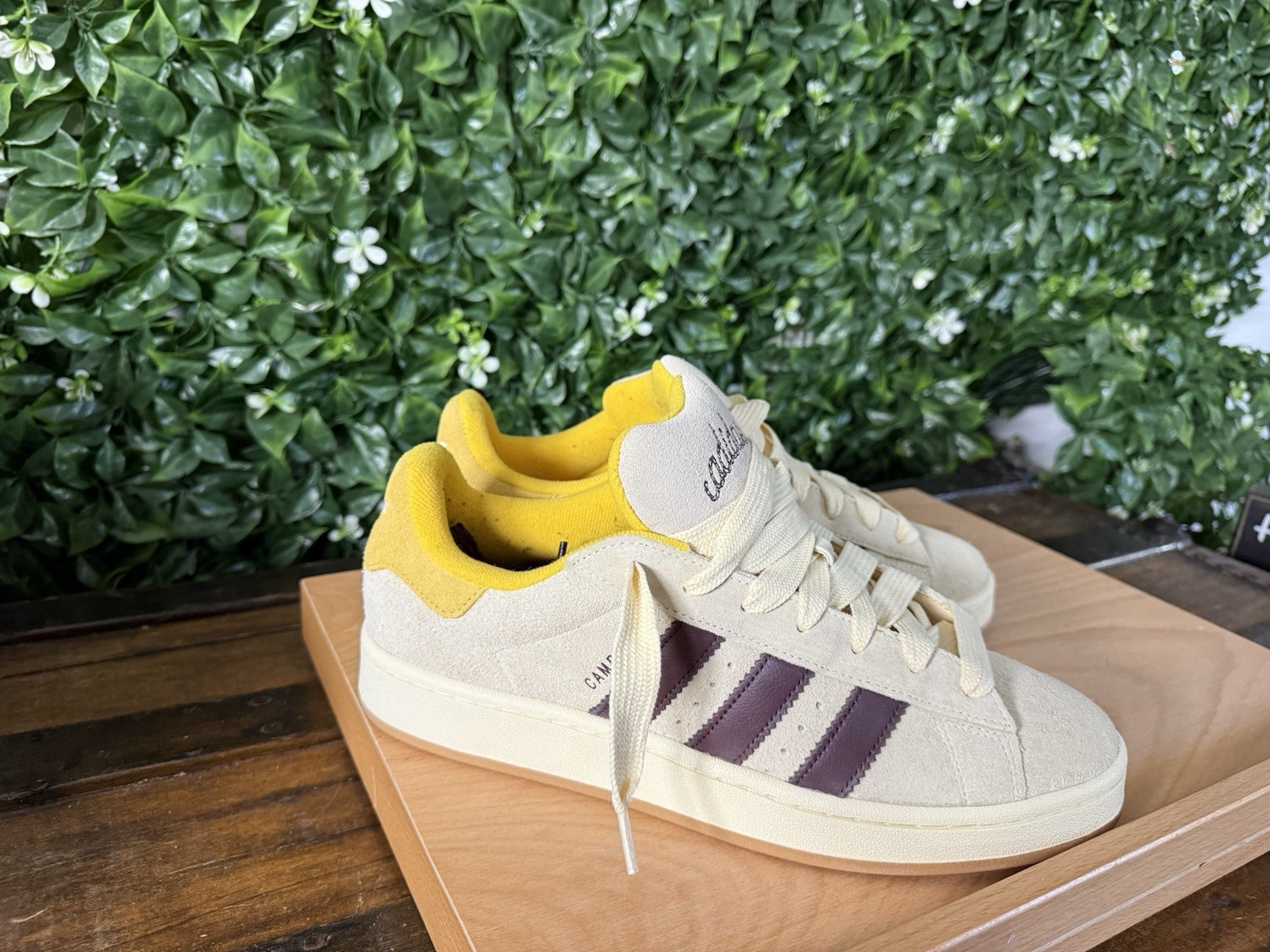 adidas Campus Suede Low Top Lace-Up Sneakers Beige/Yellow/Purple Rubber Sole