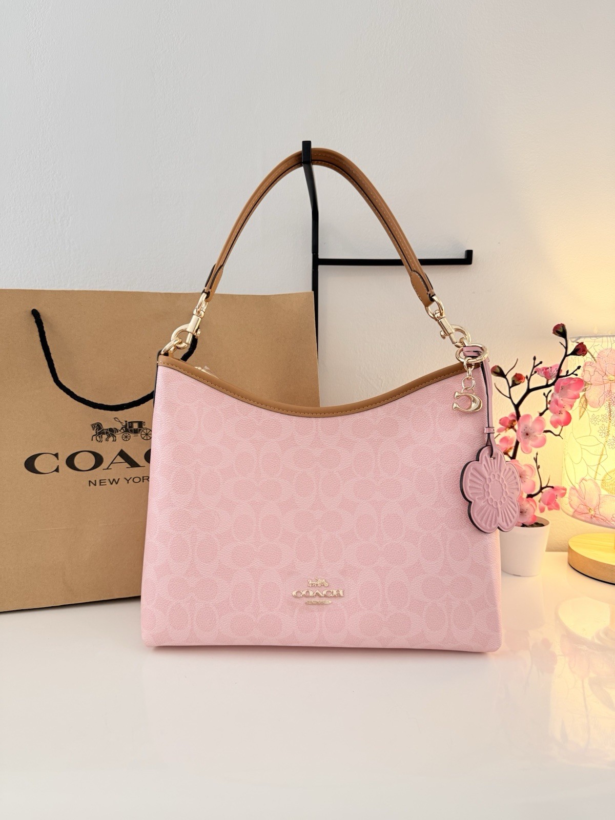 Coach Signature Logo Pink Shoulder Bag Zip Adjustable Strap Gold Hardware Charm