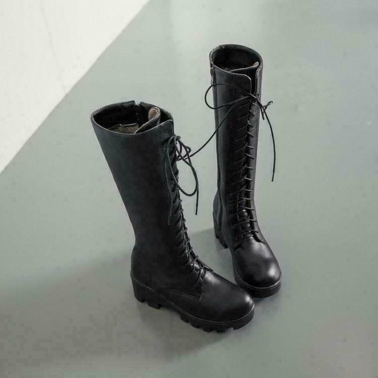 Womens Gothic Round Toe Combat Knee High Boots Retro PU Leather Lace Up Shoes