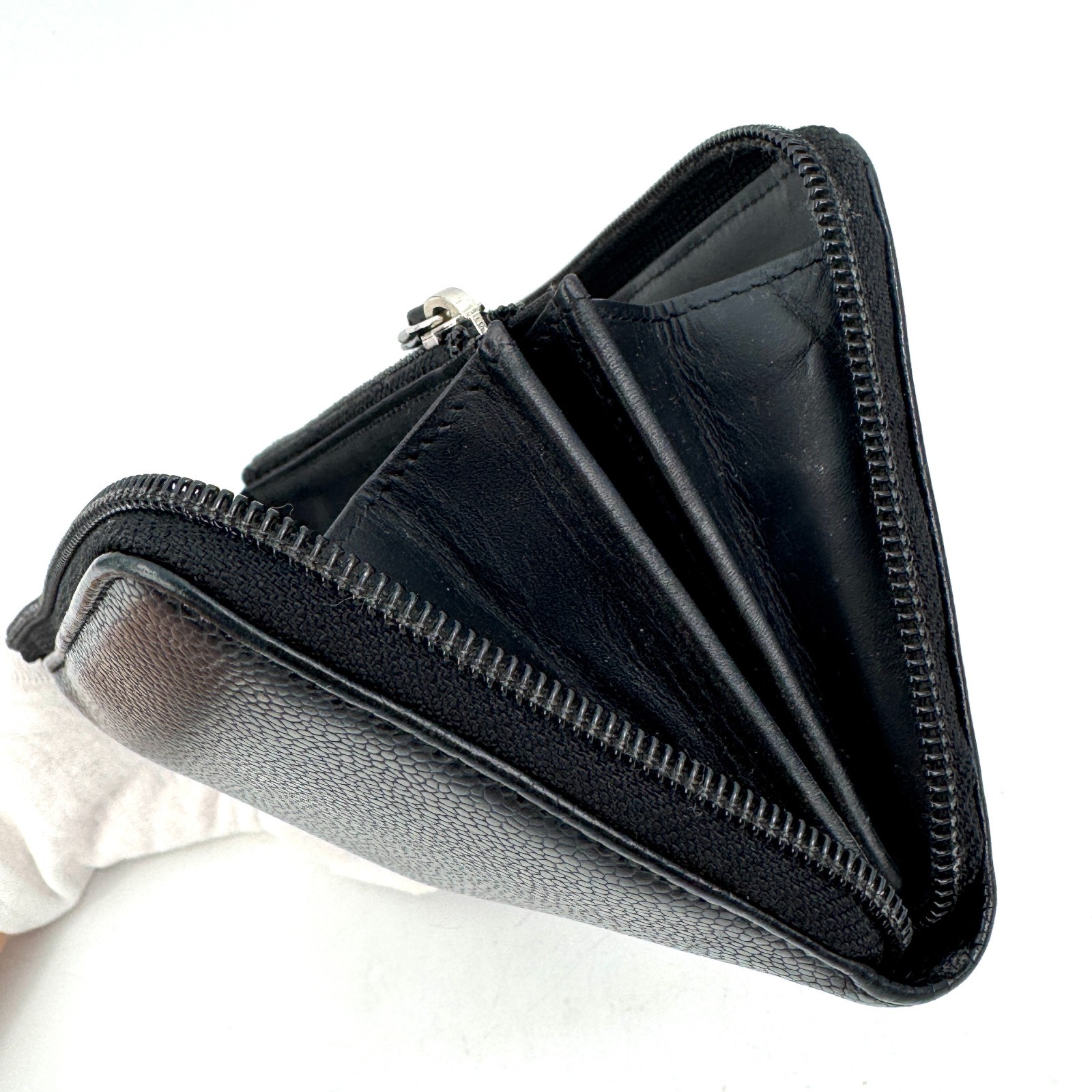 CHANEL Black Caviar Skin Leather Zip Around Wallet COCO Mark Authentic