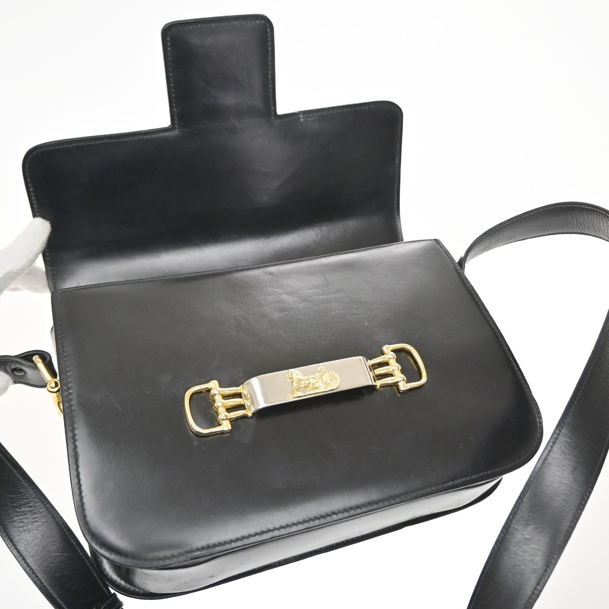 CELINE PARIS Logo Horse Carriage Shoulder Bag Leather Black Gold Italy 38KD451