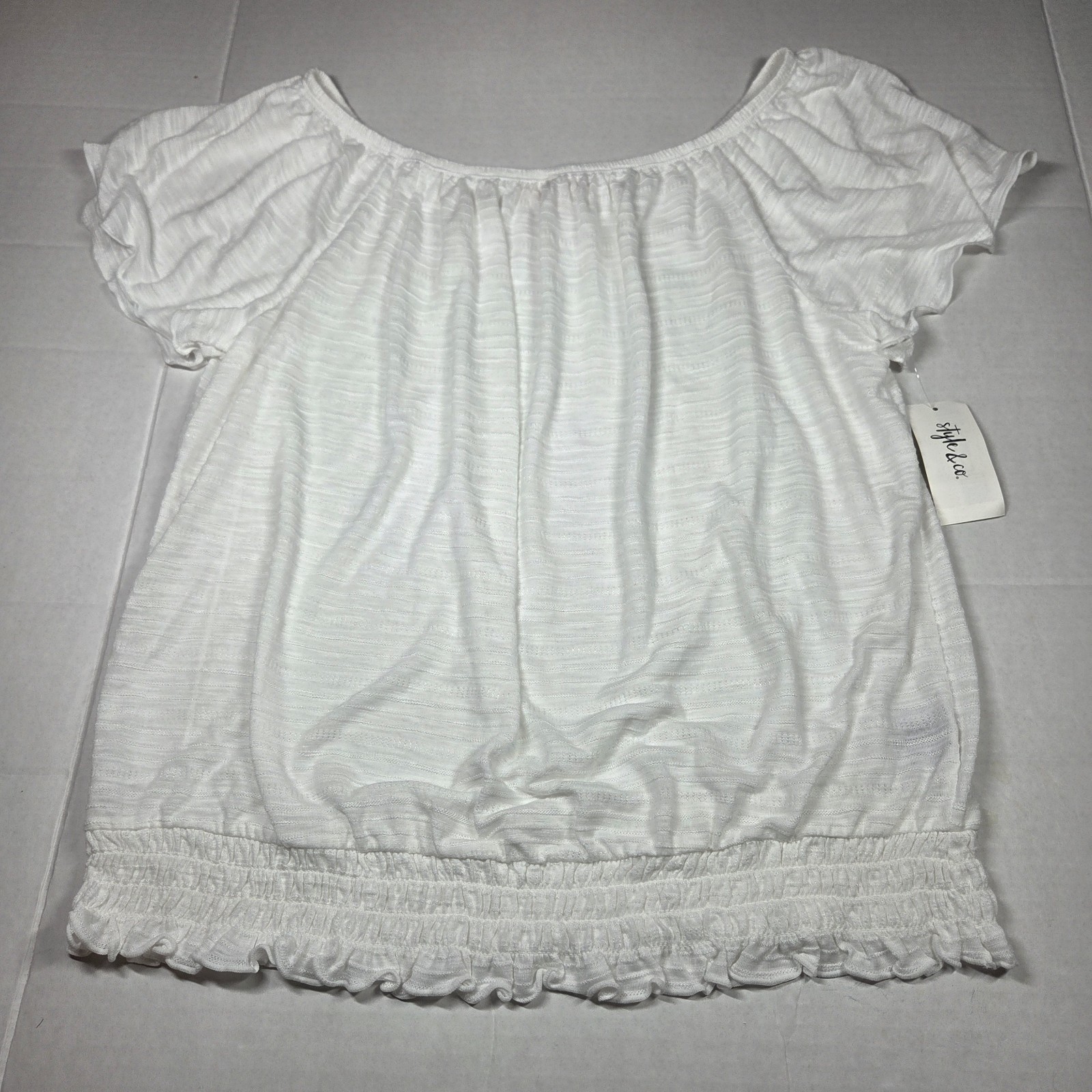 Style & Co Knit Ruffle Hem Pullover Blouse White Short Sleeve Round Neck Large