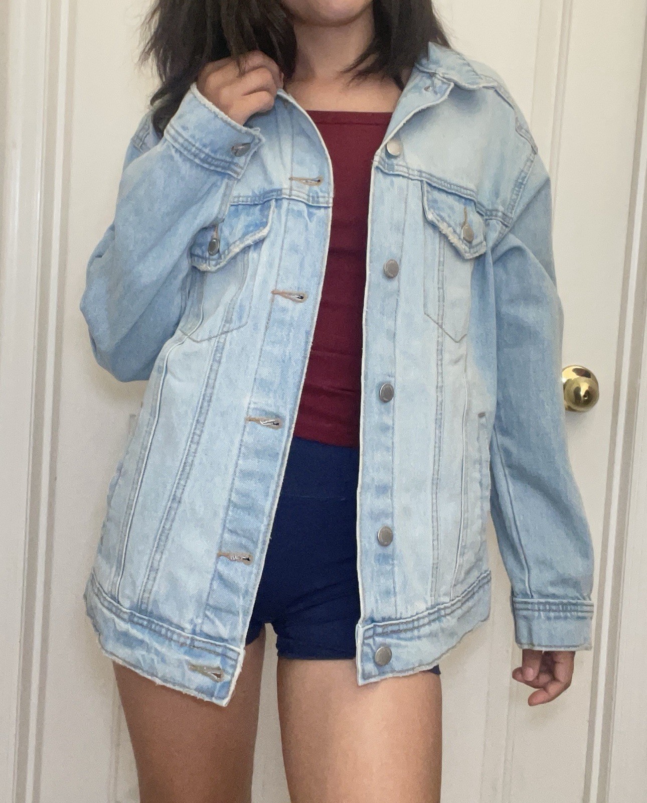 NWT XS Oversized Blue Light Wash Denim Jacket Button Front Pockets