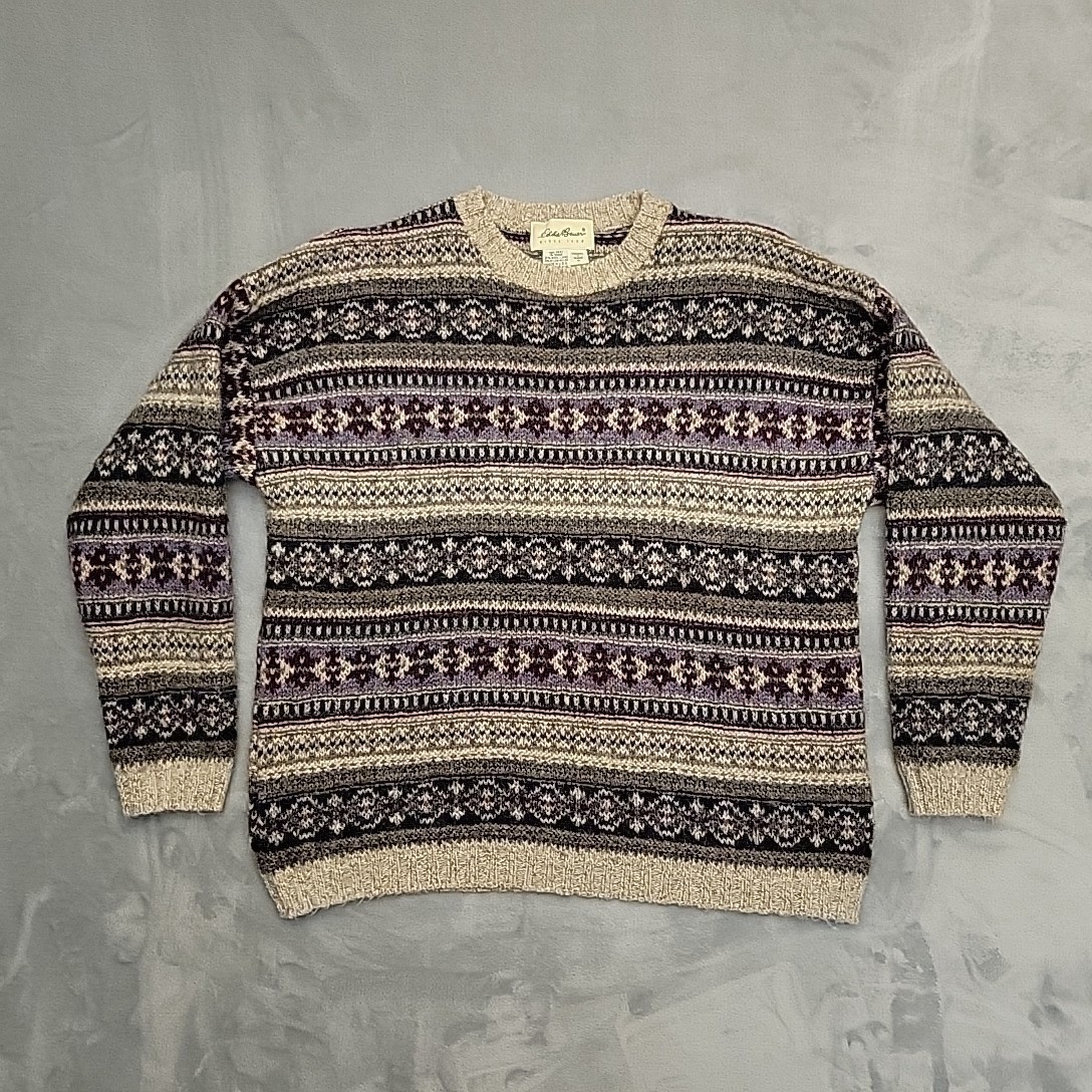 Vintage Eddie Bauer Sweater Womens M Purple Fair Isle Wool Blend Made In USA