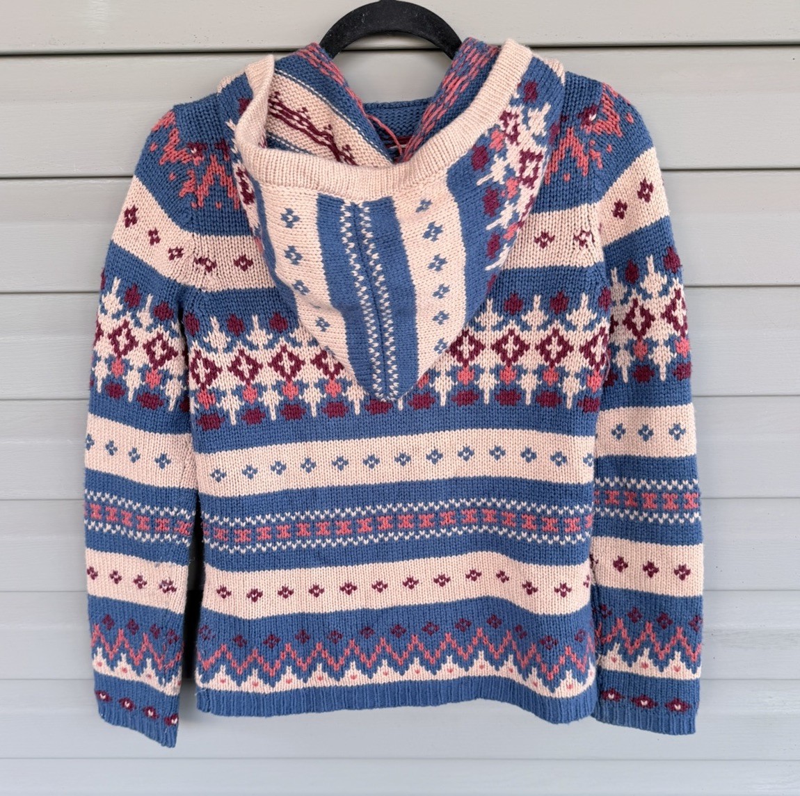 Anthropologie Sparrow Wool Blend Hooded Sweater Small Boho Fair Isle Zip Tassel