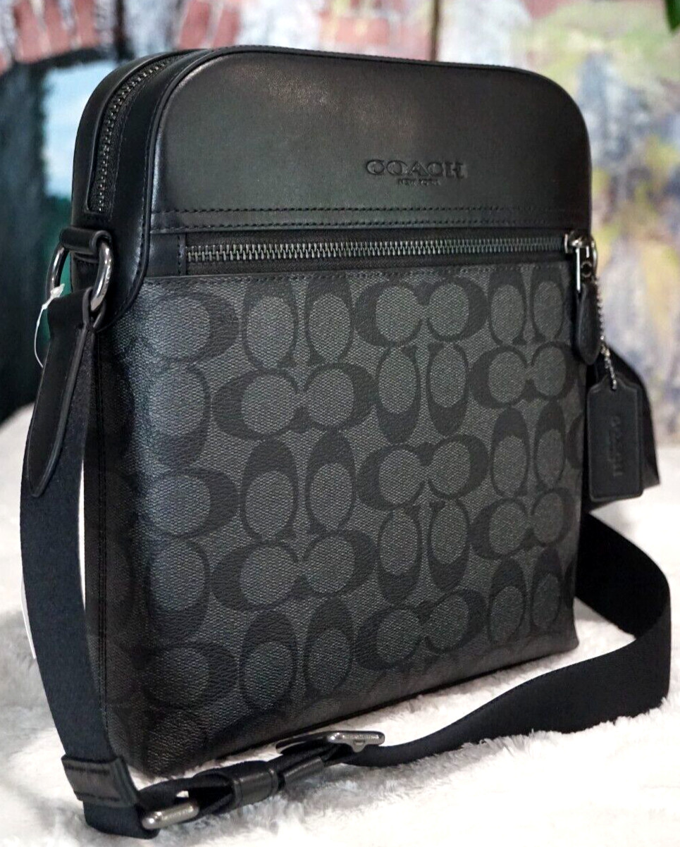 NWT Coach Men’s Houston Flight 4010 Messenger Bag CHARCOAL/BLACK Sig CC Leather