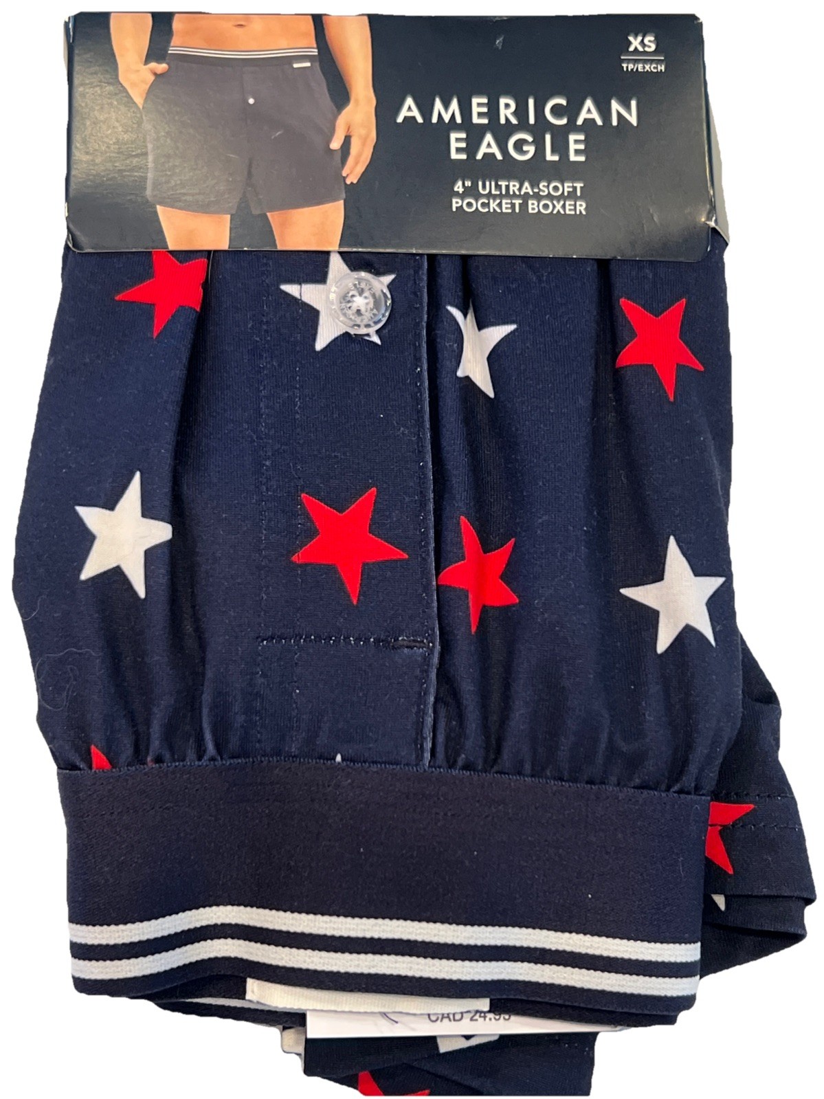 NWT AMERICAN EAGLE 4″ Ultra Soft Pocket Boxer Sz XS-S-L-XL Blue Red Stars #100