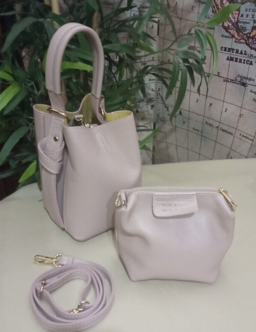 Quadro Bucket Bag with Pockets and Shoulder Strap Color Nude GENUINE LEATHER Made…