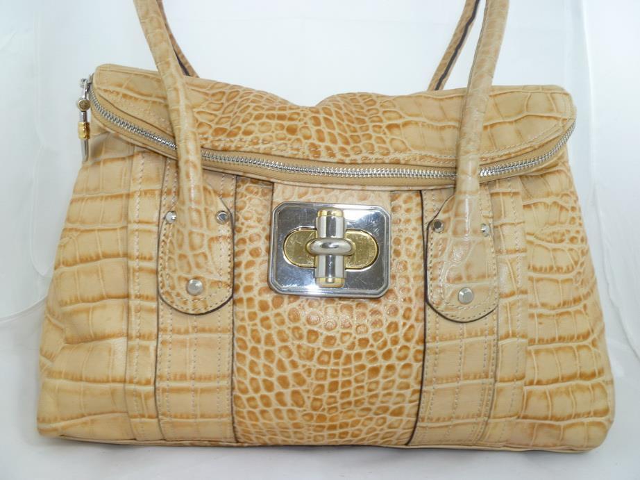B MAKOWSKY USED CROC EMBOSSED KHAKI LEATHER FOLD OVER TOTE/SHOULDER BAG/SHOPPER