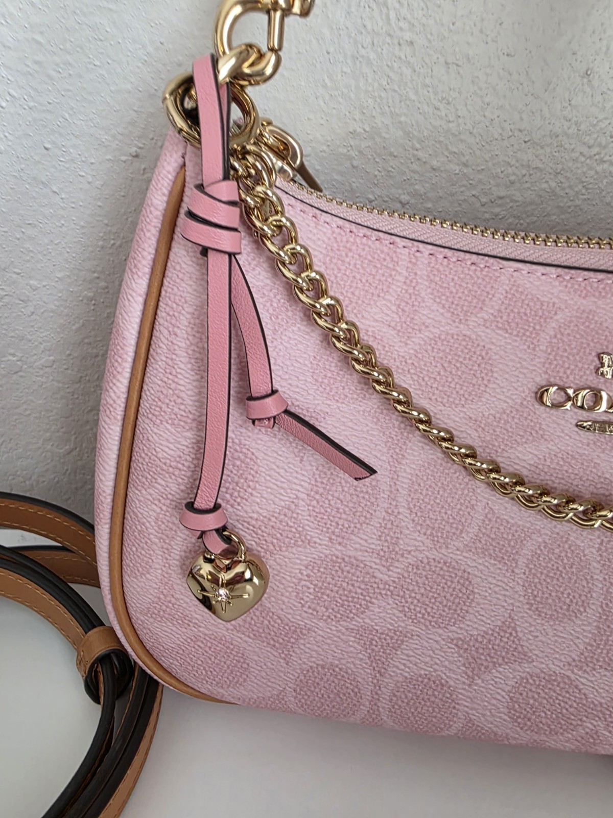 NWT Coach Gold Powder Pink Teri Shoulder Bag Signature with Charms CEA20
