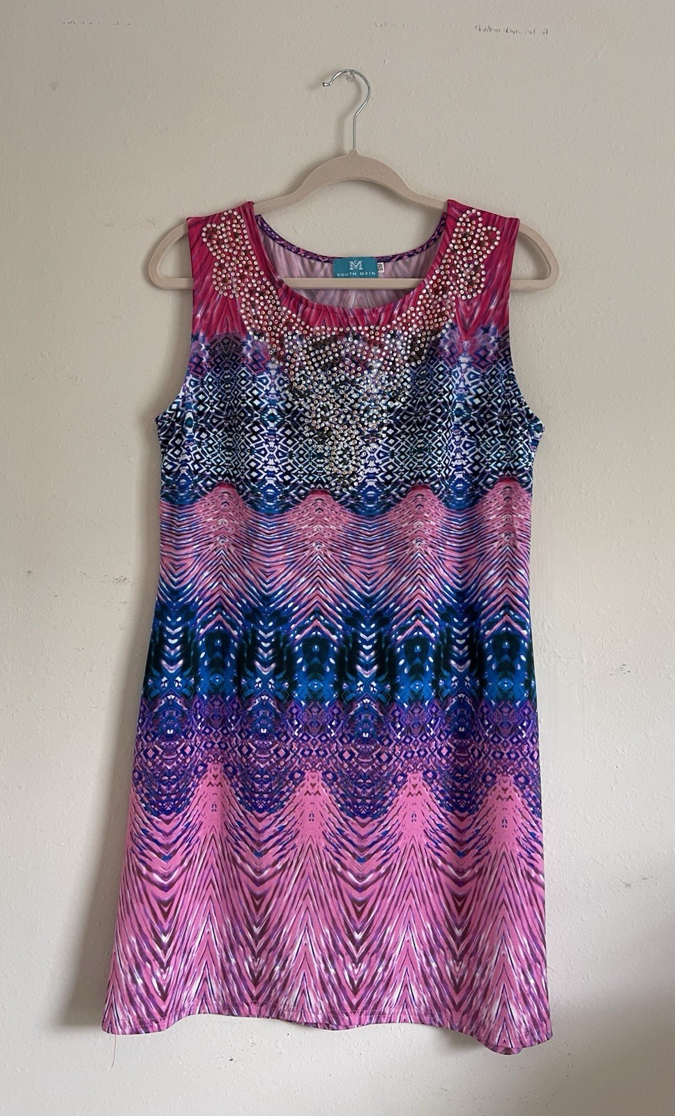 South Main Women’s M Pink/Blue/Purple Geometric Shift Scoop Neck Knee Dress