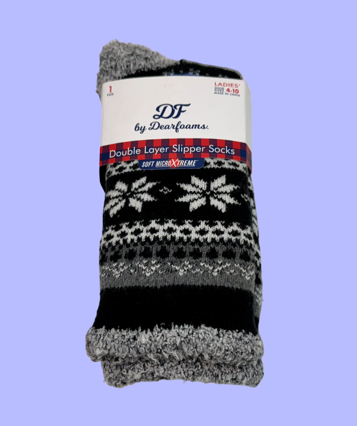 DF Dearfoams Double Layer Slipper Socks Women 4-10 Black Gray Poly-Nylon-Span