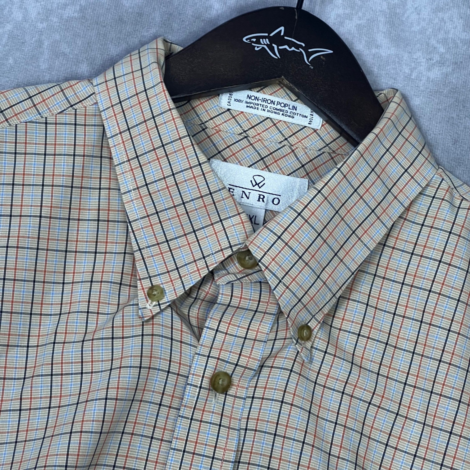 Enro Mens XXL Non-Iron Poplin Button Down Shirt Plaid Combed Cotton Tan Blue