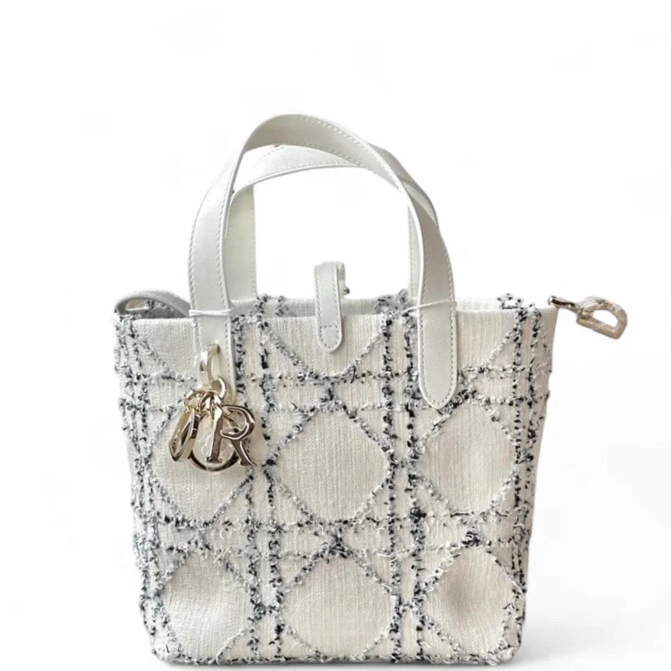 Dior Small Toujours Vertical Beige Navy Blue Terry Cloth Calfskin (zz072326i8r)