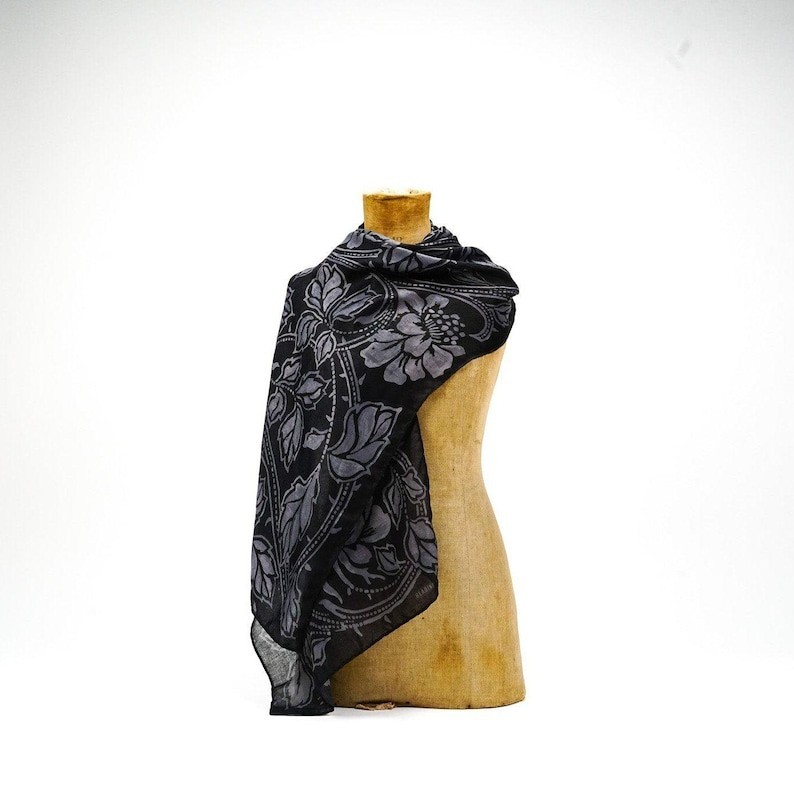 Floral Cotton Blend Scarf – Black & Grey Gothic Shawl