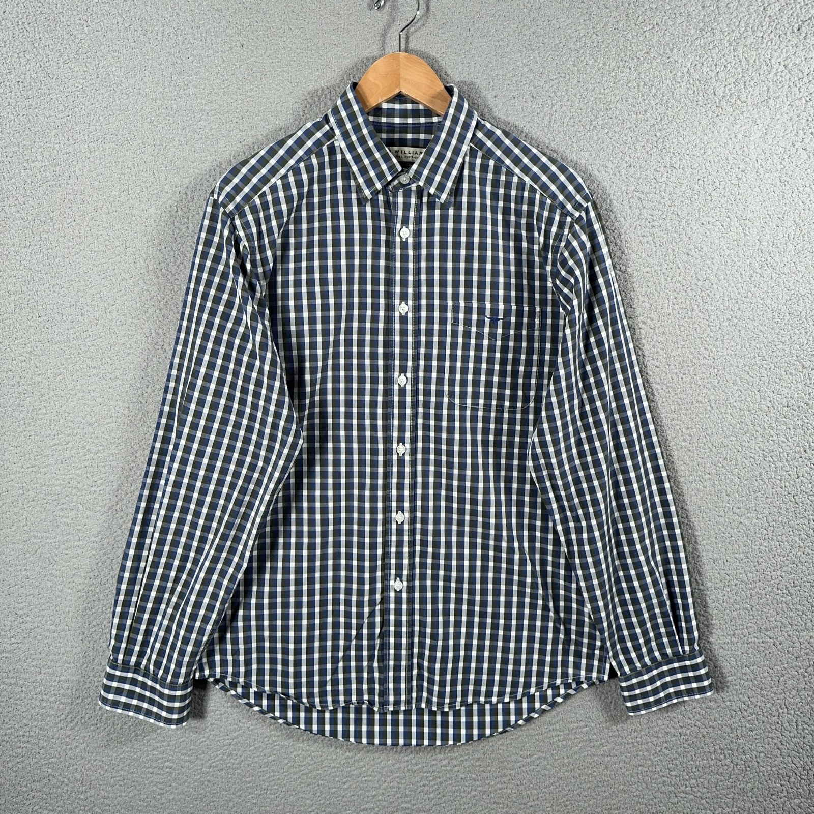 R.M. Williams Gingham Shirt Mens Medium Blue Check Long Sleeve Button Up Pocket