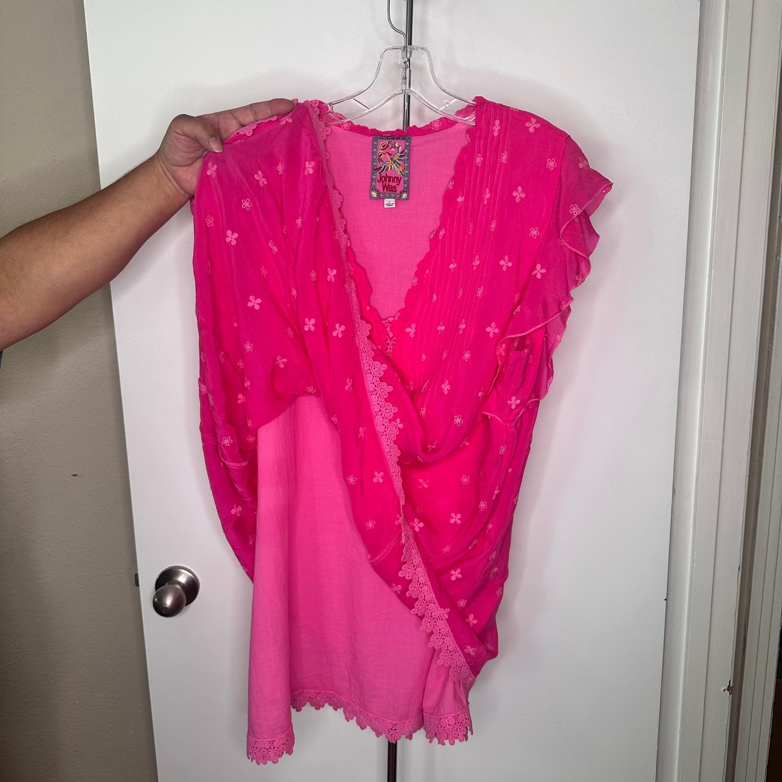 Johnny Was Hot Pink Embroidered Silk Blend Tunic Top Lace Trim V-Neck Large