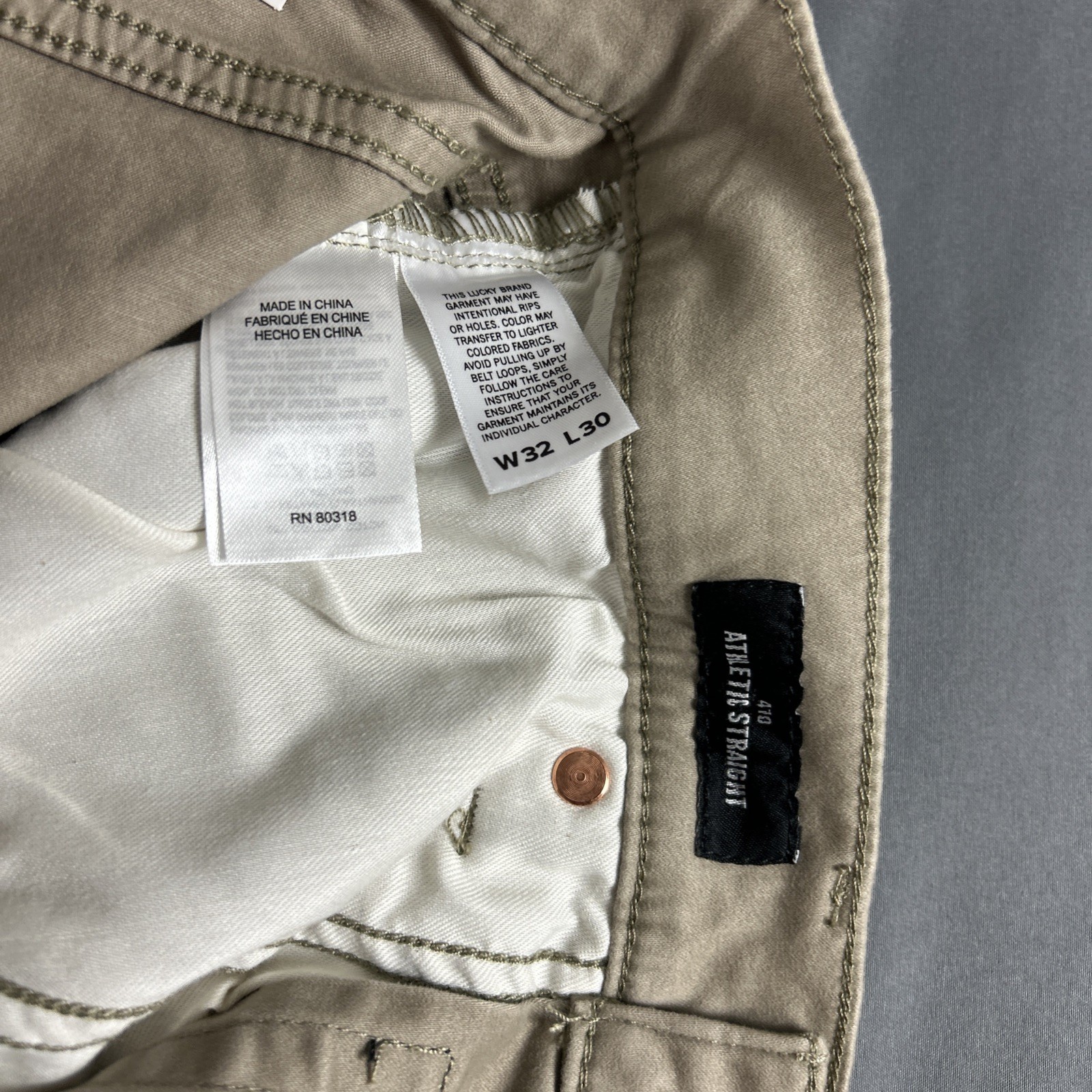 Lucky Brand Pants 410 Athletic Straight 32 x 30 Sandstone Khaki Cotton MSRP $99