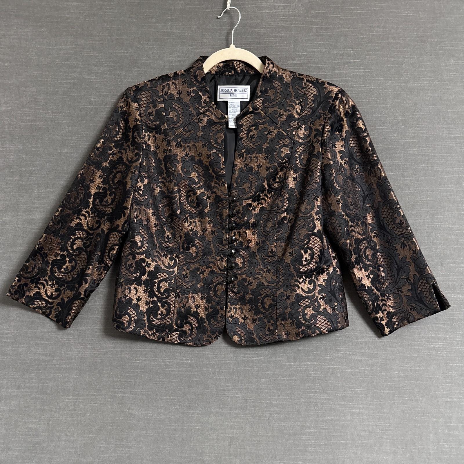 Jessic Howard Jacket 12 Petite Gold Black Floral Cocktail Evening Formal Bolero