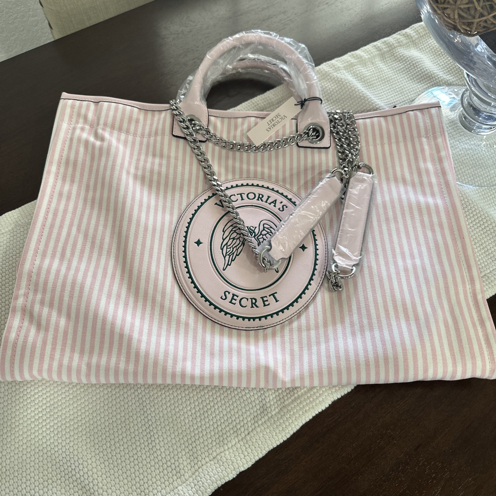 NWT Victoria’s Secret Pink Heritage Stripe Tote Bag Chain Strap Large shopper