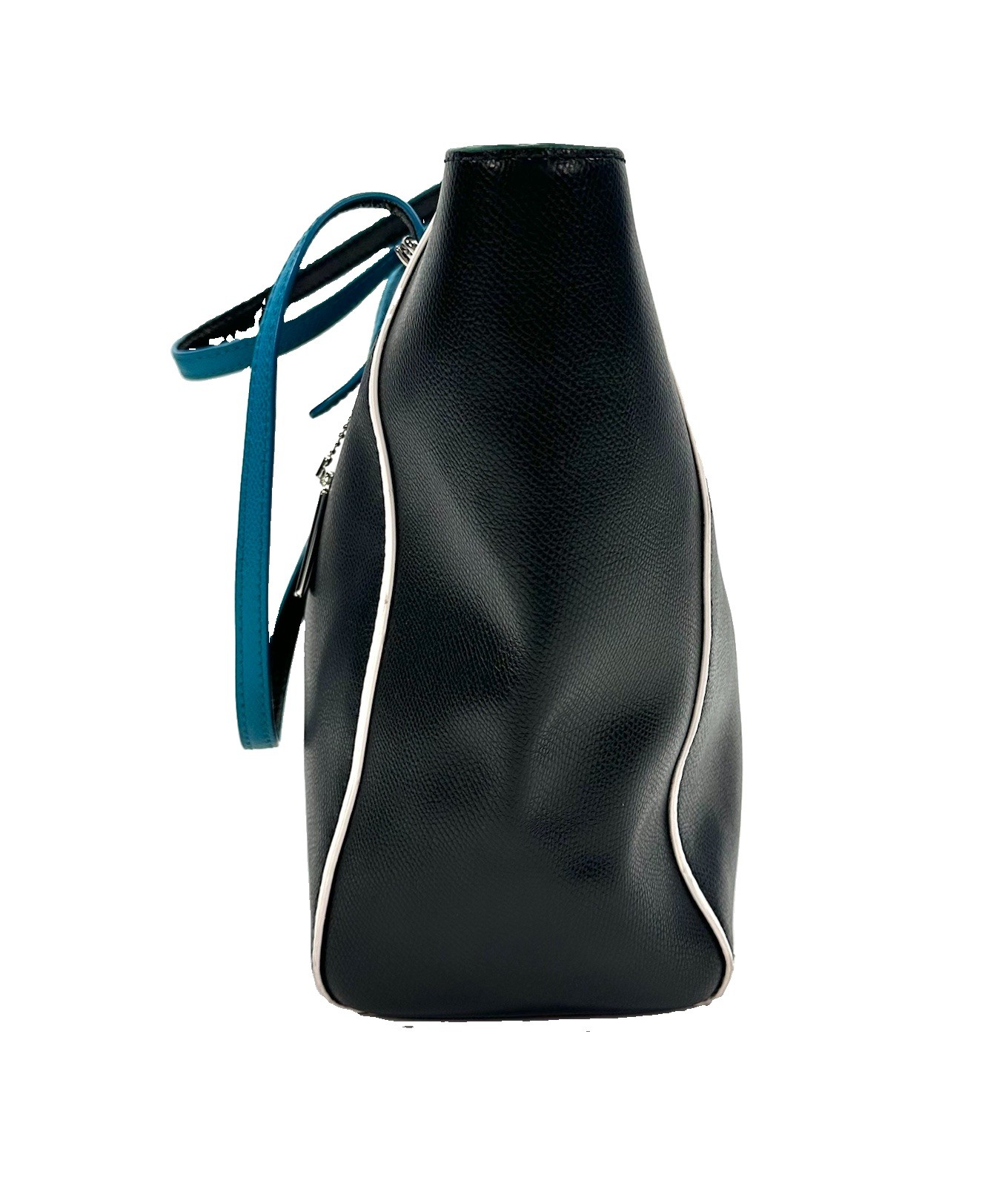 Coach Turnlock Tote Bag Edgestain Leather 38323 Black / Turquoise Blue Zipper