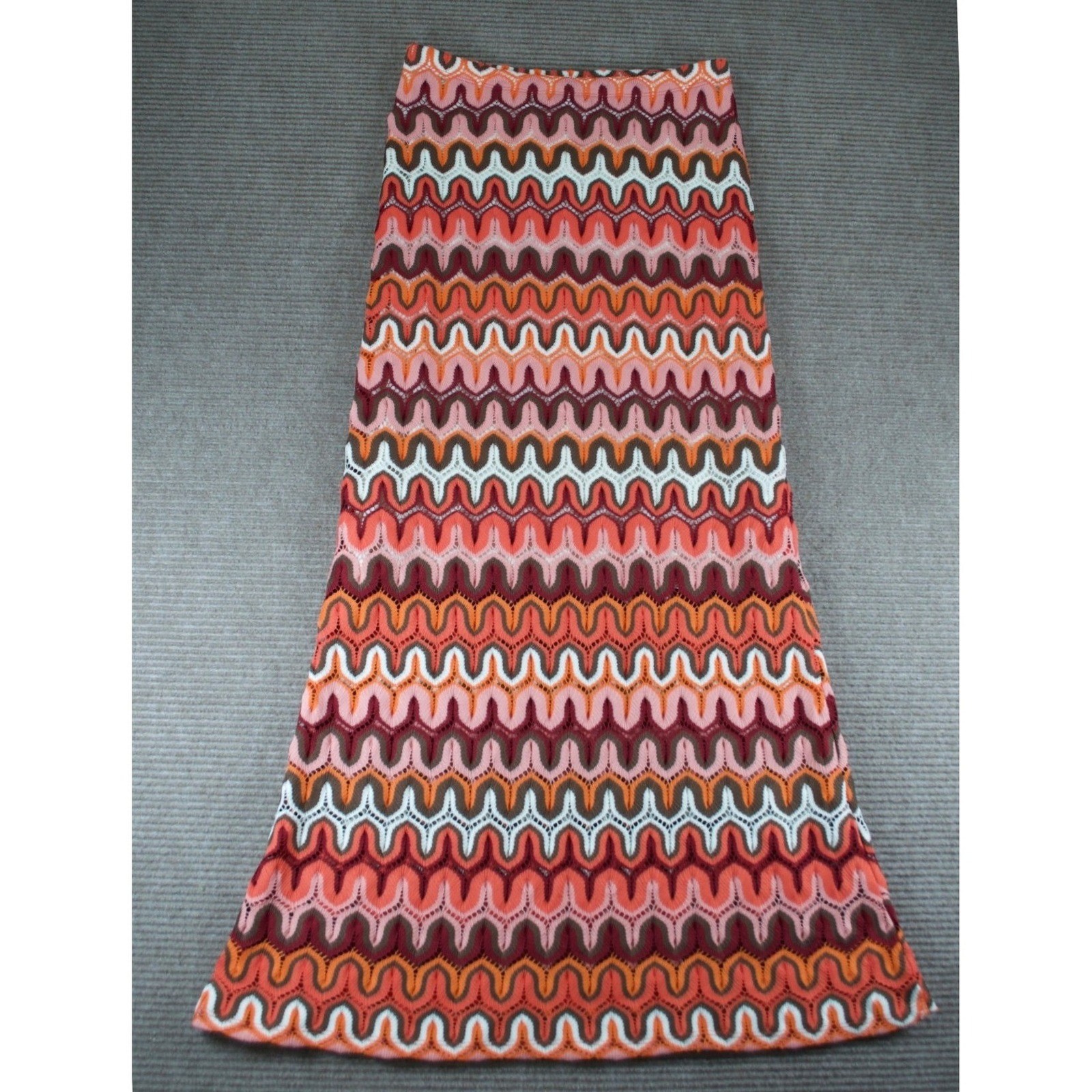 Karen Kane Crochet Knit Chevron Maxi Skirt Boho Pink Orange Zig Zag Lined Size S