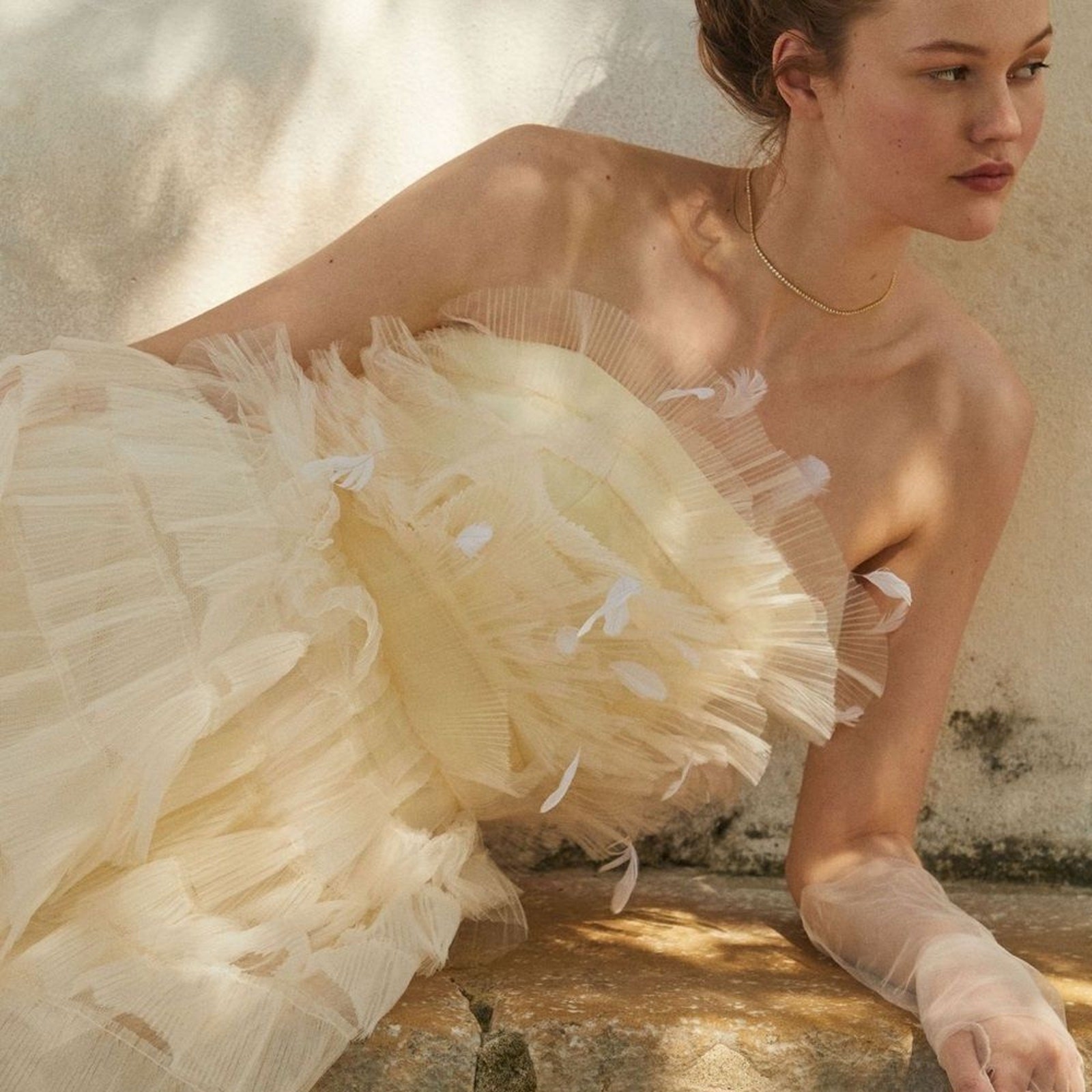 Mac Duggal x BHLDN Daphne Strapless Tiered Tulle Mini Dress in Ivory