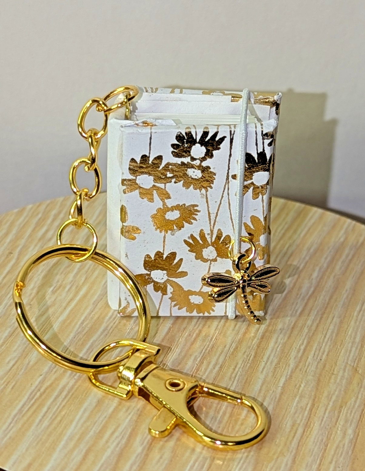 Handmade Gold and White Mini Journal Keychain | One-of-a-Kind