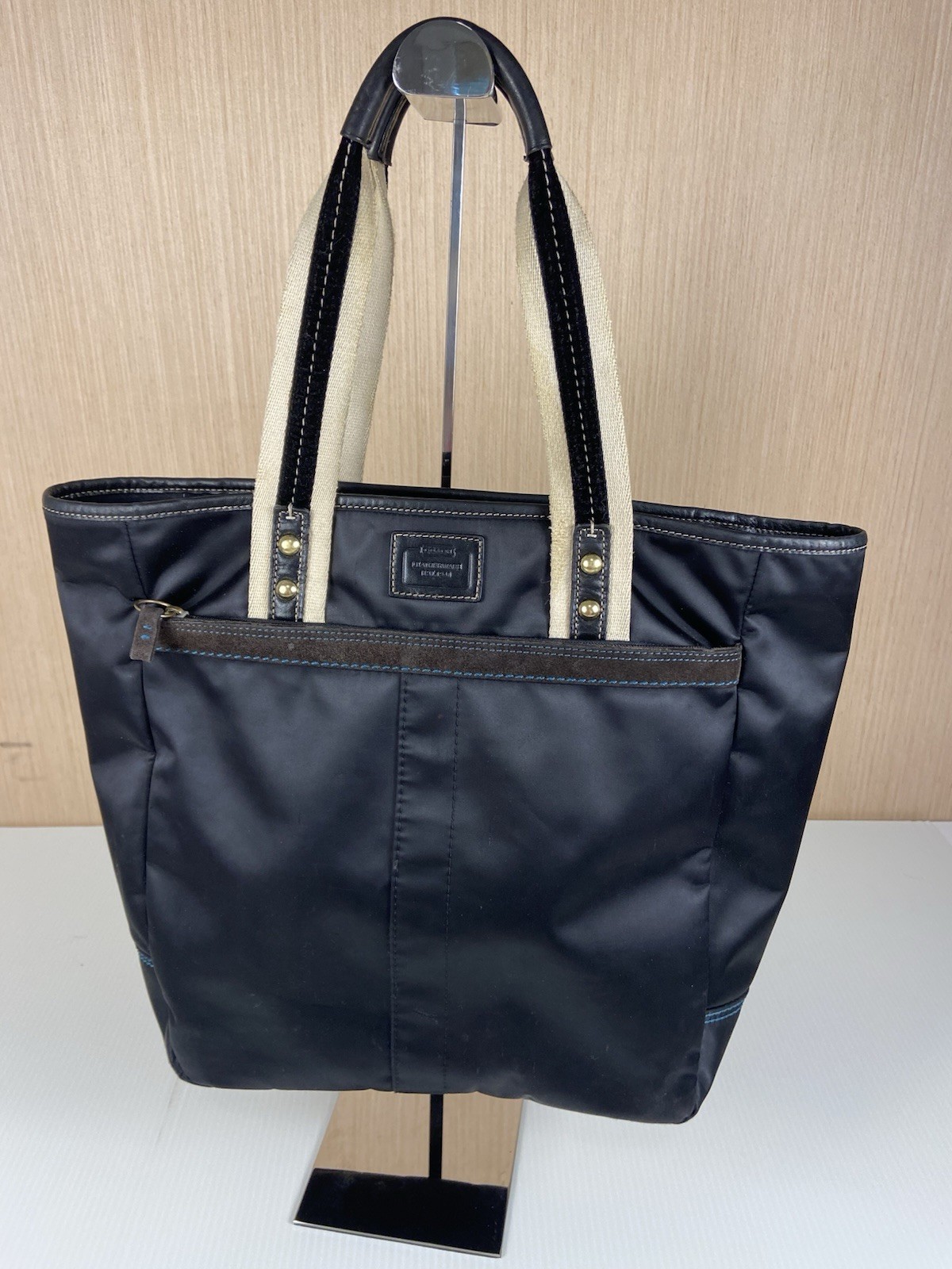 Coach Black Nylon Tote Bag Blue Stitch Canvas Handles Zip Top Work Travel