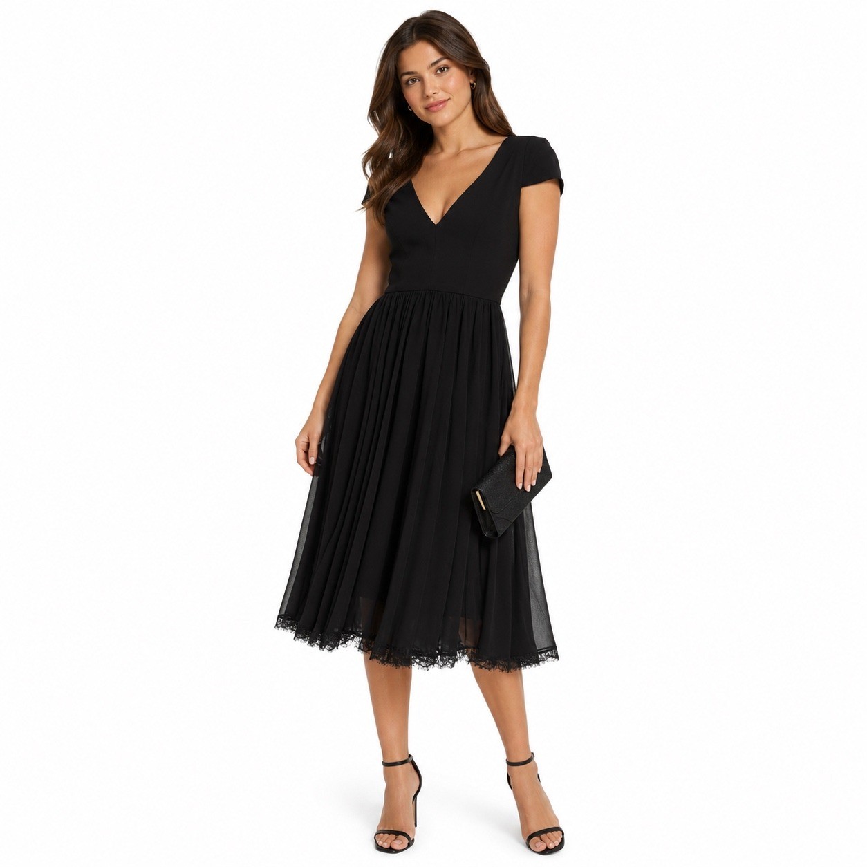Dress the Population Corey Midi Fit Flare Cocktail Dress M V-Neck Cap Sleeve NEW