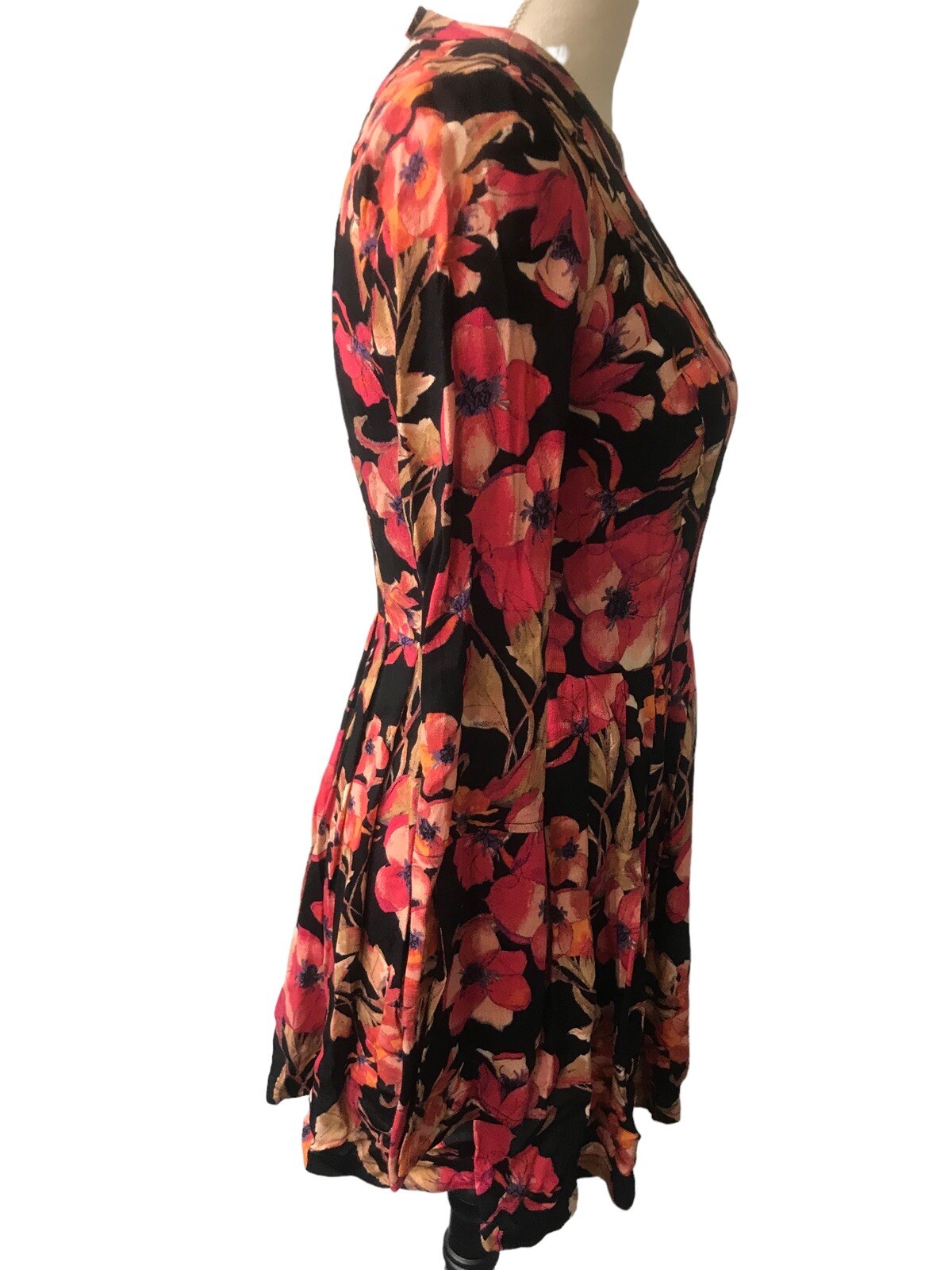 Free People Tegan Black Orange Floral Bell Long Sleeve Fit Flare Mini Dress Sz 0
