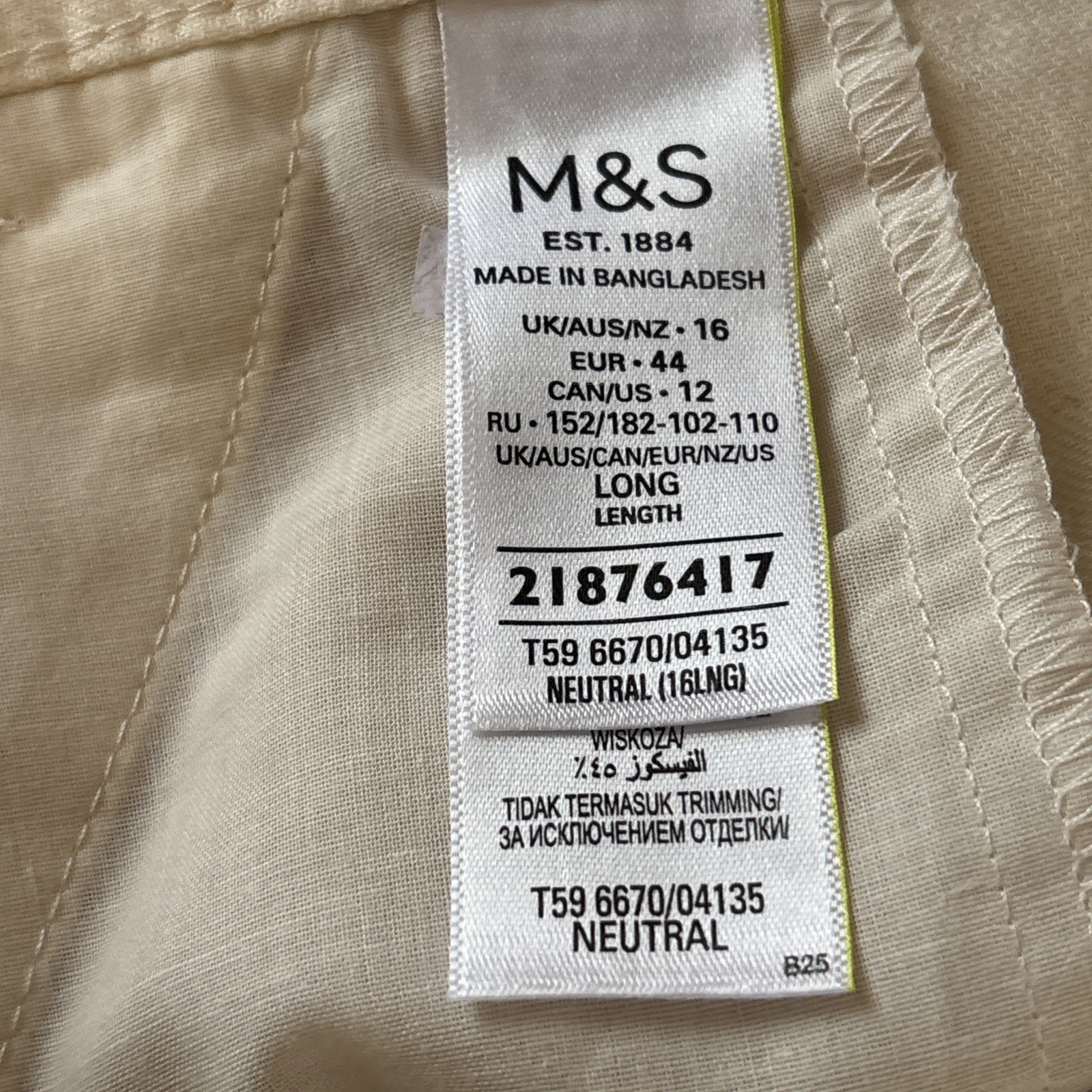 BNWOT Marks & Spencer Beige Linen Mix Wide-Leg tailored Trousers Size 16 Long