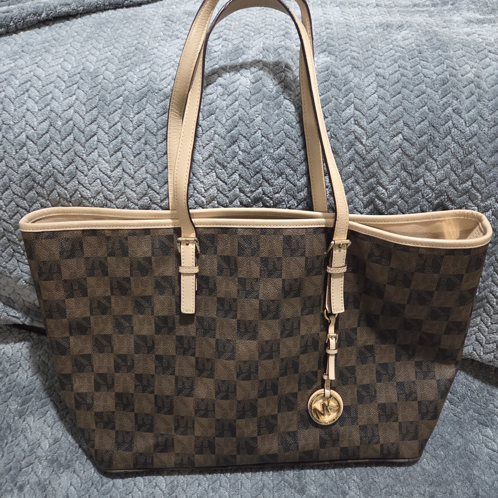 Michael Kors Jet Set Travel Large Tote Bag Brown Checkerboard Logo Print
