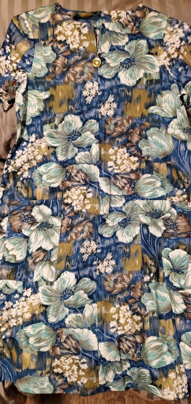 LIPPA 1960s S Green Floral, Zip Up Front Pocketed Short Sleeve House Dress Union
