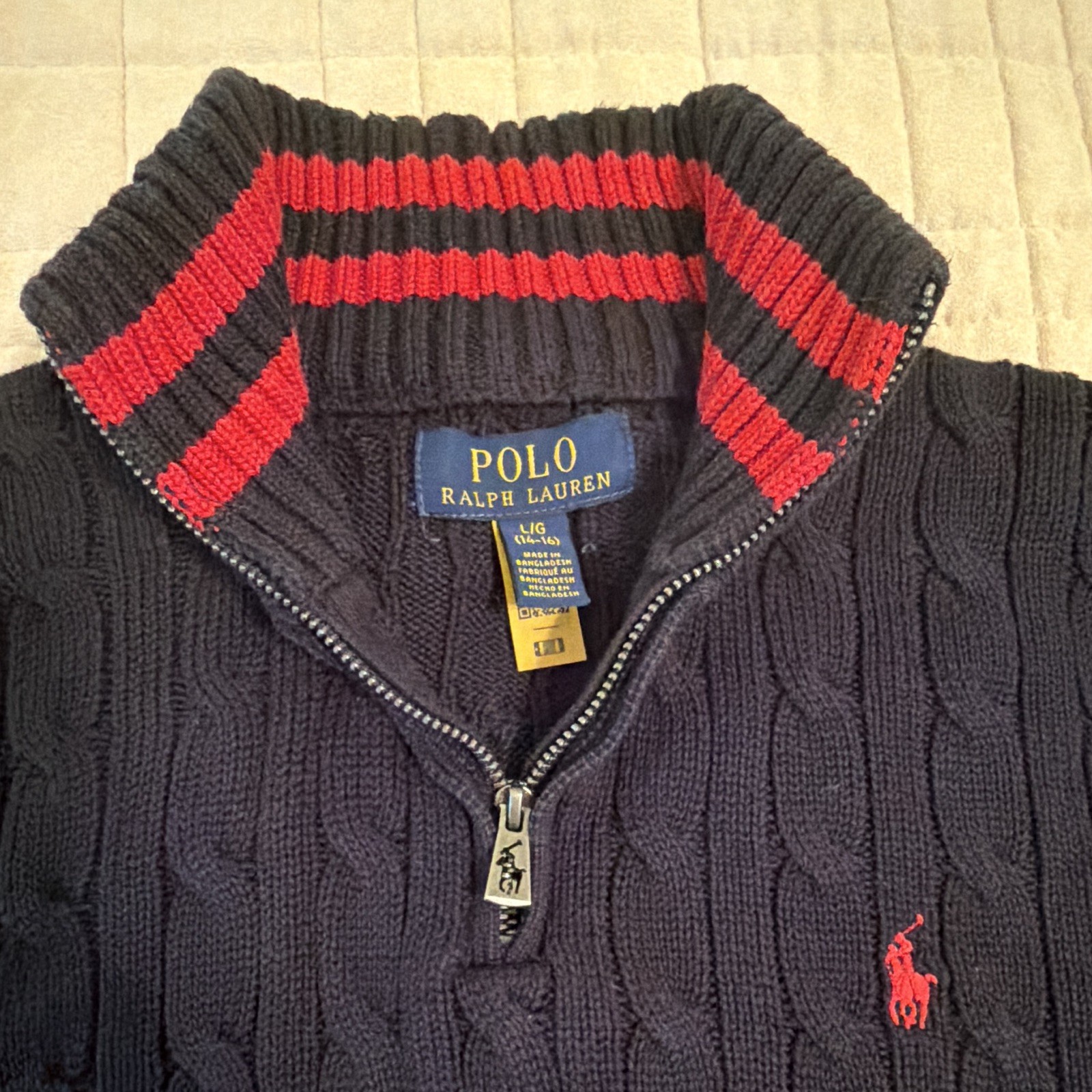 Polo Ralph Lauren Boys BLACK Cable-Knit 1/4 Zip Pullover Sweater L 14/16