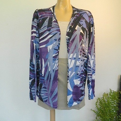 Chico’s Cardigan Women Size 2 Large Purple Blue Tropical Palm Open Front Knit
