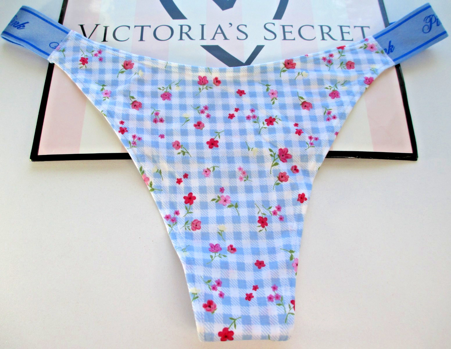 VICTORIA’S SECRET PINK Cotton Logo High Leg Thong Panty S M L Blue Gingham NWT