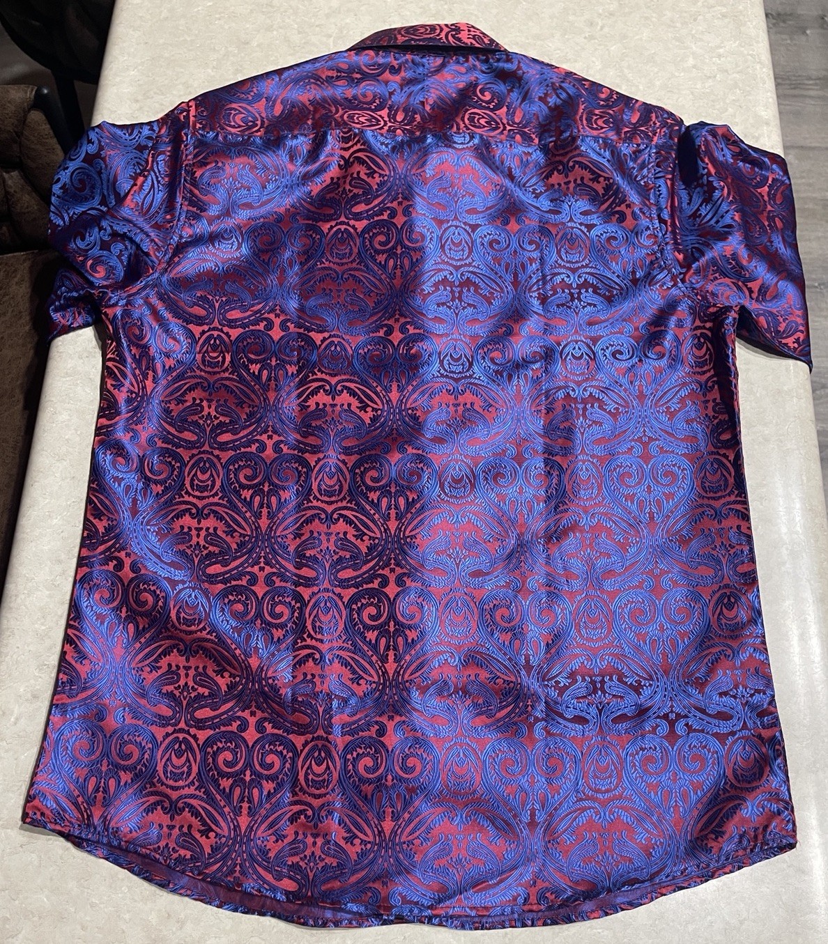 Barry Wang Men’s Red & Blue Paisley Silk Button Down Front Dress Shirt Sz M